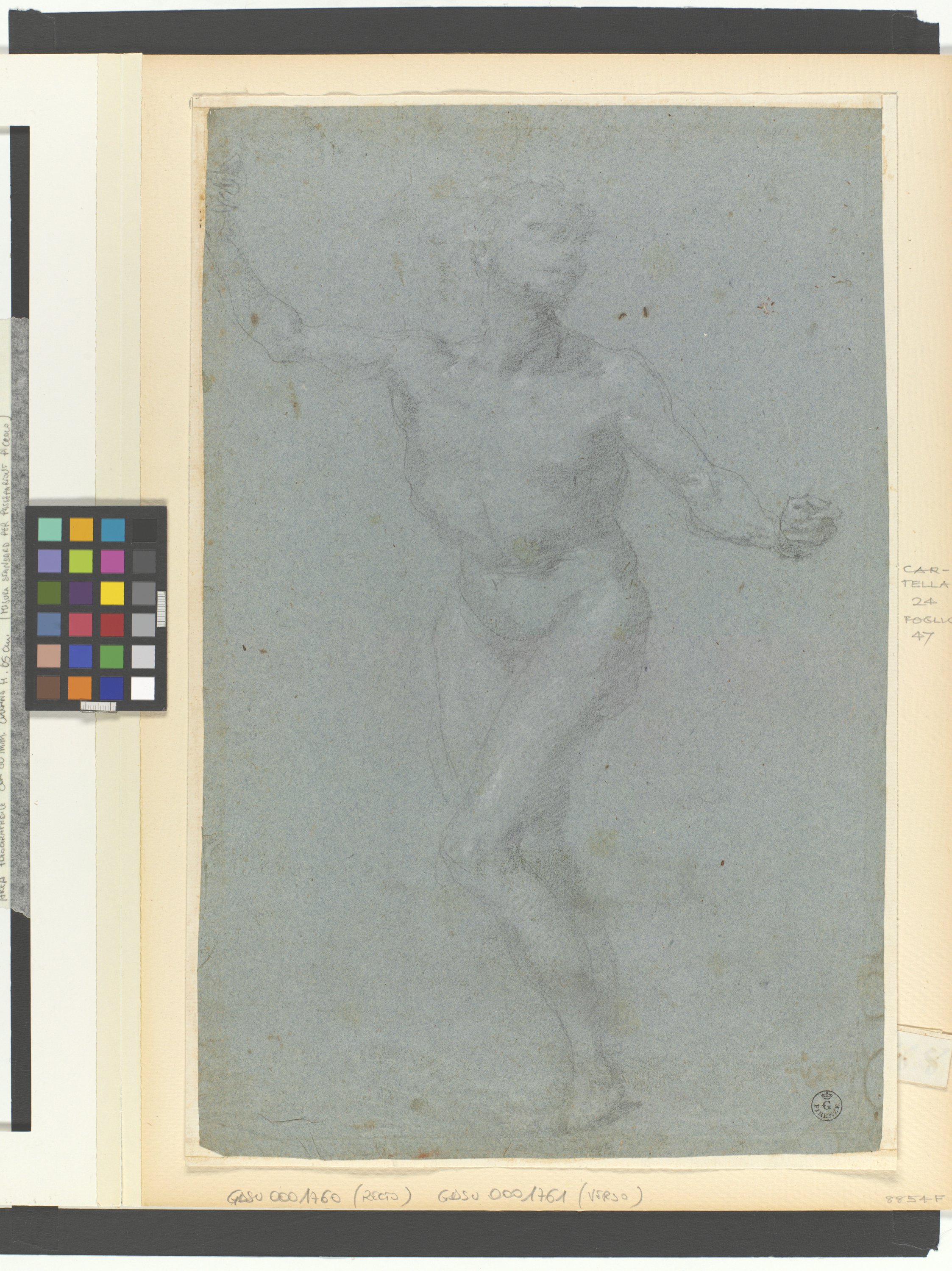 figura maschile nuda in piedi (r.), figura maschile nuda in piedi con bastone (v.) (disegno) di Cardi Ludovico detto Cigoli (fine/ inizio XVI/ XVII)