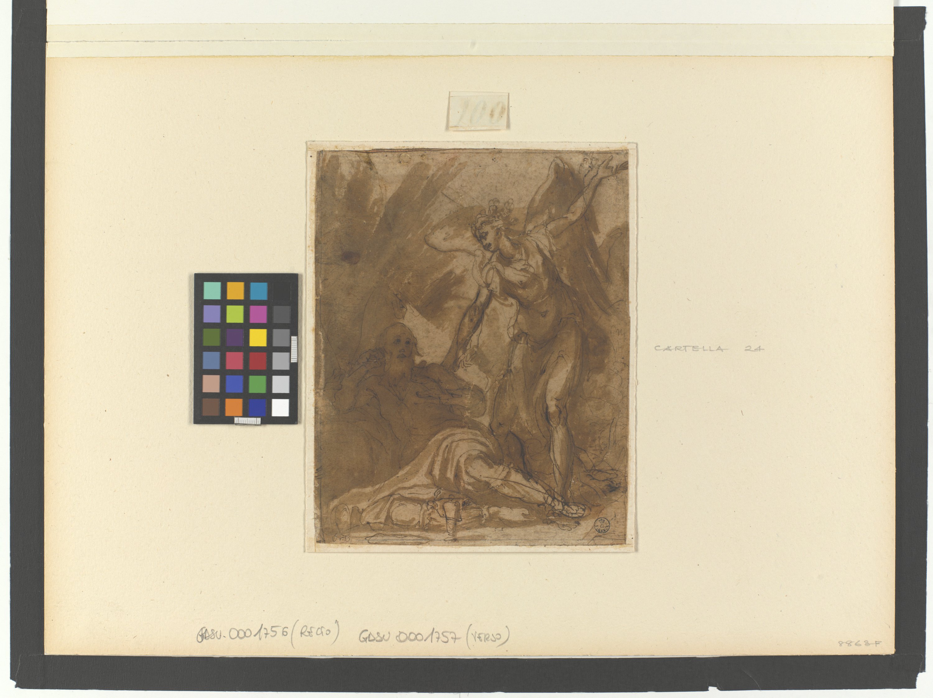 figura maschile con barba semidistesa e angelo in piedi (r.), figura maschile con barba semidistesa e angelo in piedi (v.) (disegno) di Cardi Ludovico detto Cigoli (inizio XVII)