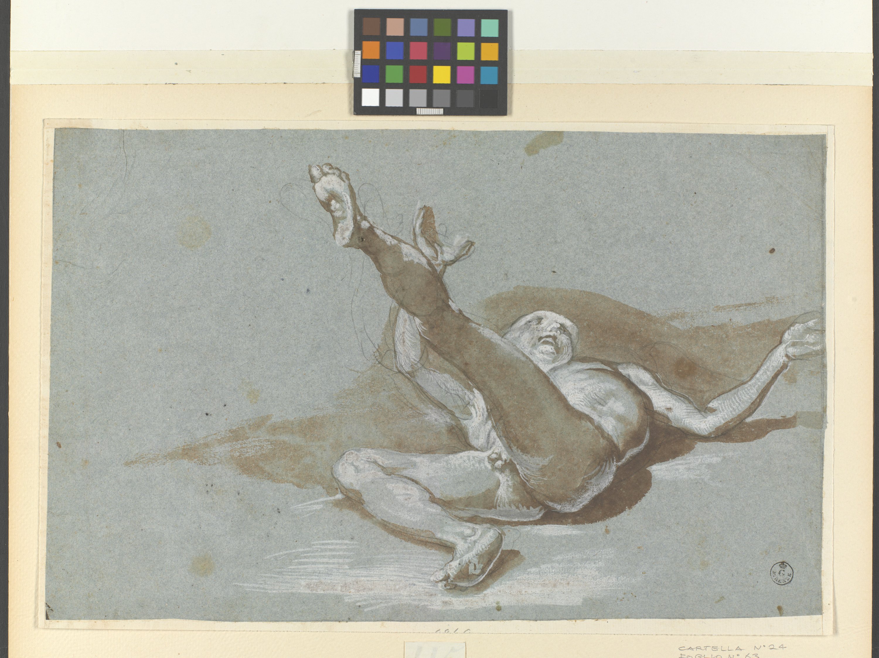 figura maschile nuda sdraiata (r.), schizzo di panneggio (v.) (disegno) di Cardi Ludovico detto Cigoli (fine/ inizio XVI/ XVII)