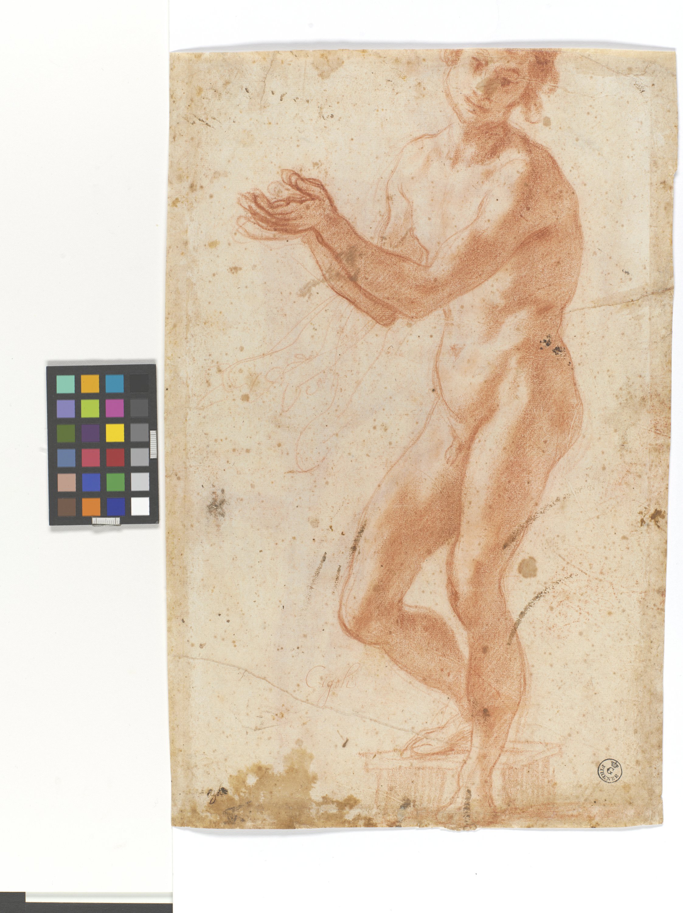 figura maschile nuda in piedi con le mani sollevate all'altezza del petto (r.), Cristo deposto (v.) (disegno) di Cardi Ludovico detto Cigoli (sec. XVI)