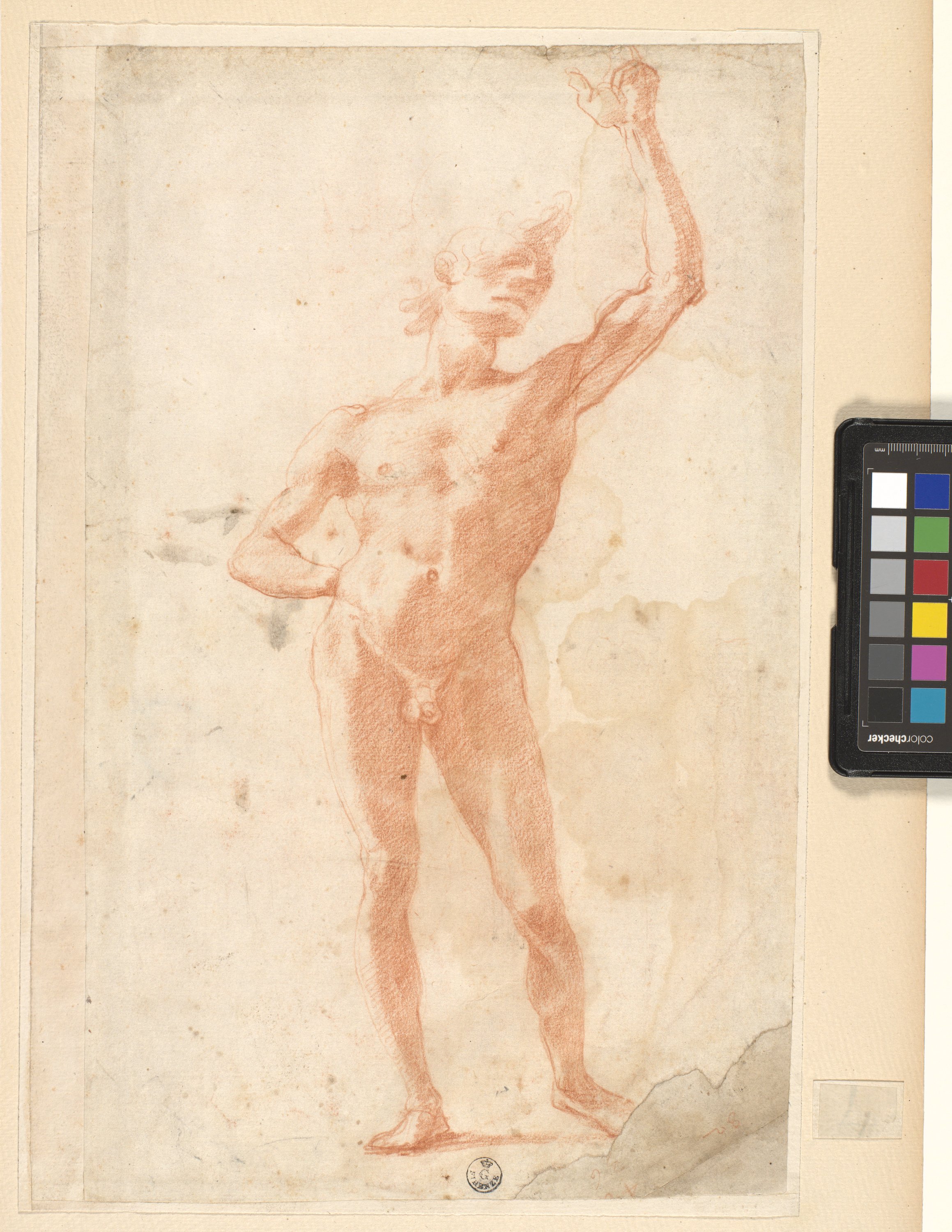 figura maschile nuda in piedi con il braccio sinistro sollevato (r.), figura maschile nuda in piedi con ciotola (v.) (disegno) di Cardi Ludovico detto Cigoli (fine/ inizio XVI/ XVII)