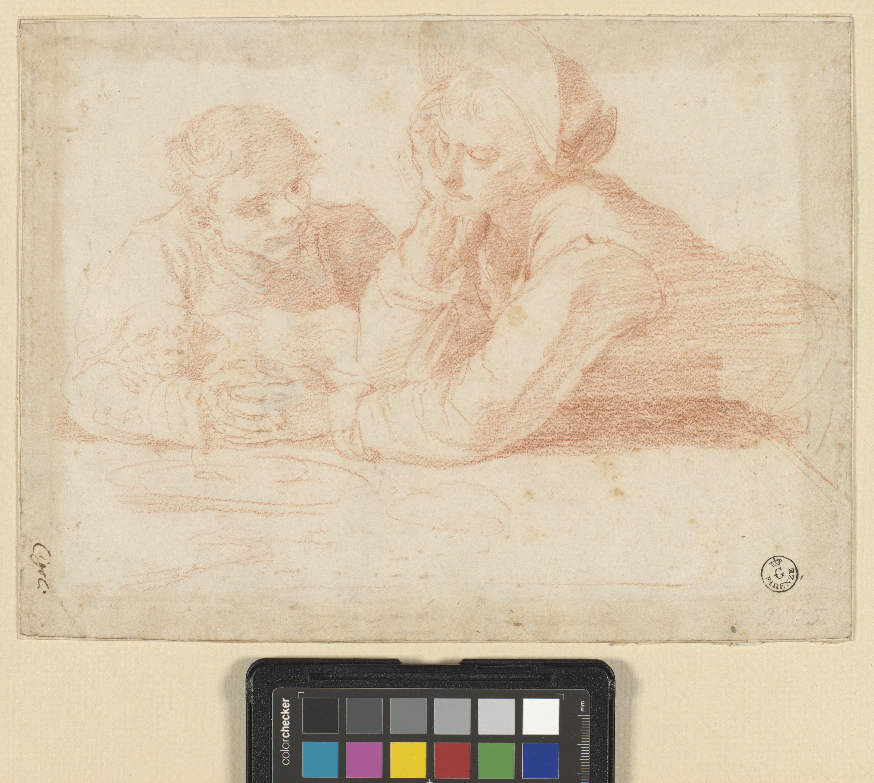 due mezze figure appoggiate a un tavolo con un cane (disegno) di Cardi Ludovico detto Cigoli (fine/ inizio XVI/ XVII)