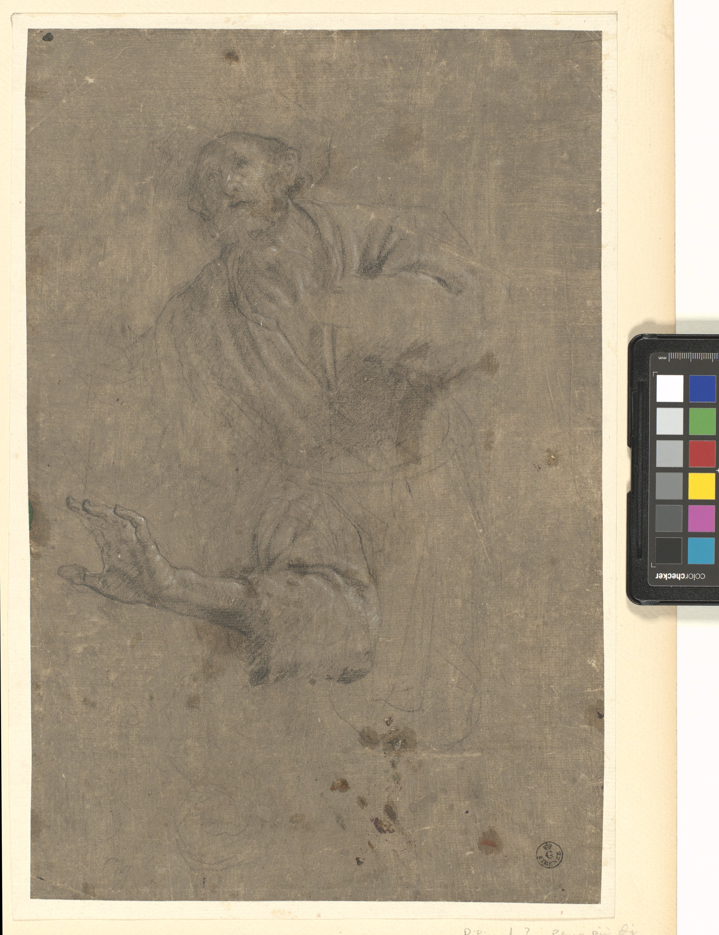vecchio con cappello a mezza figura; braccio sinistro della stessa figura (r.), figura maschile nuda in piedi; schizzo di figura (v.) (disegno) di Cardi Ludovico detto Cigoli (fine/ inizio XVI/ XVII)