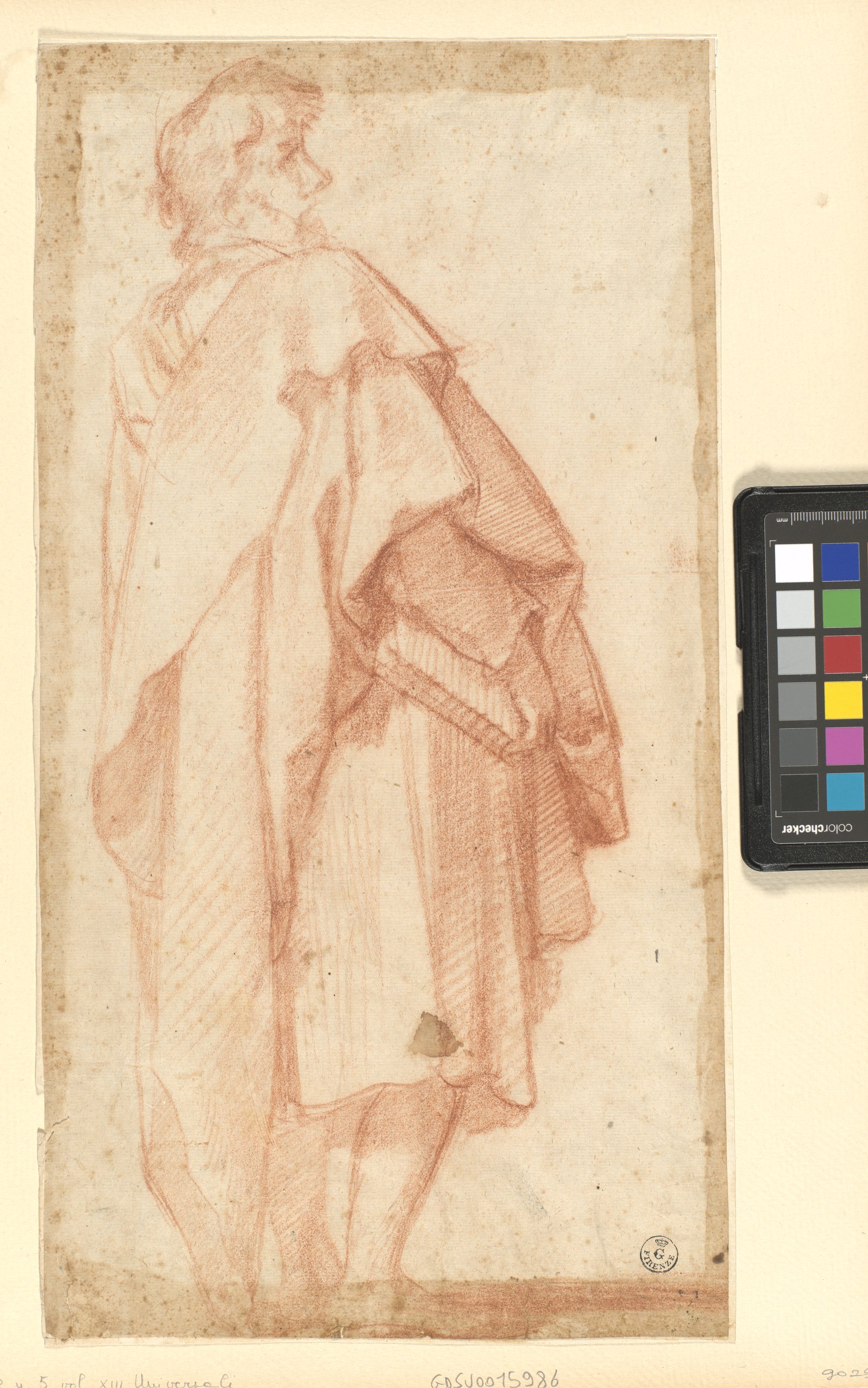 figura maschile ammantata in piedi vista di spalle (disegno) di Cardi Ludovico detto Cigoli (fine/ inizio XVI/ XVII)