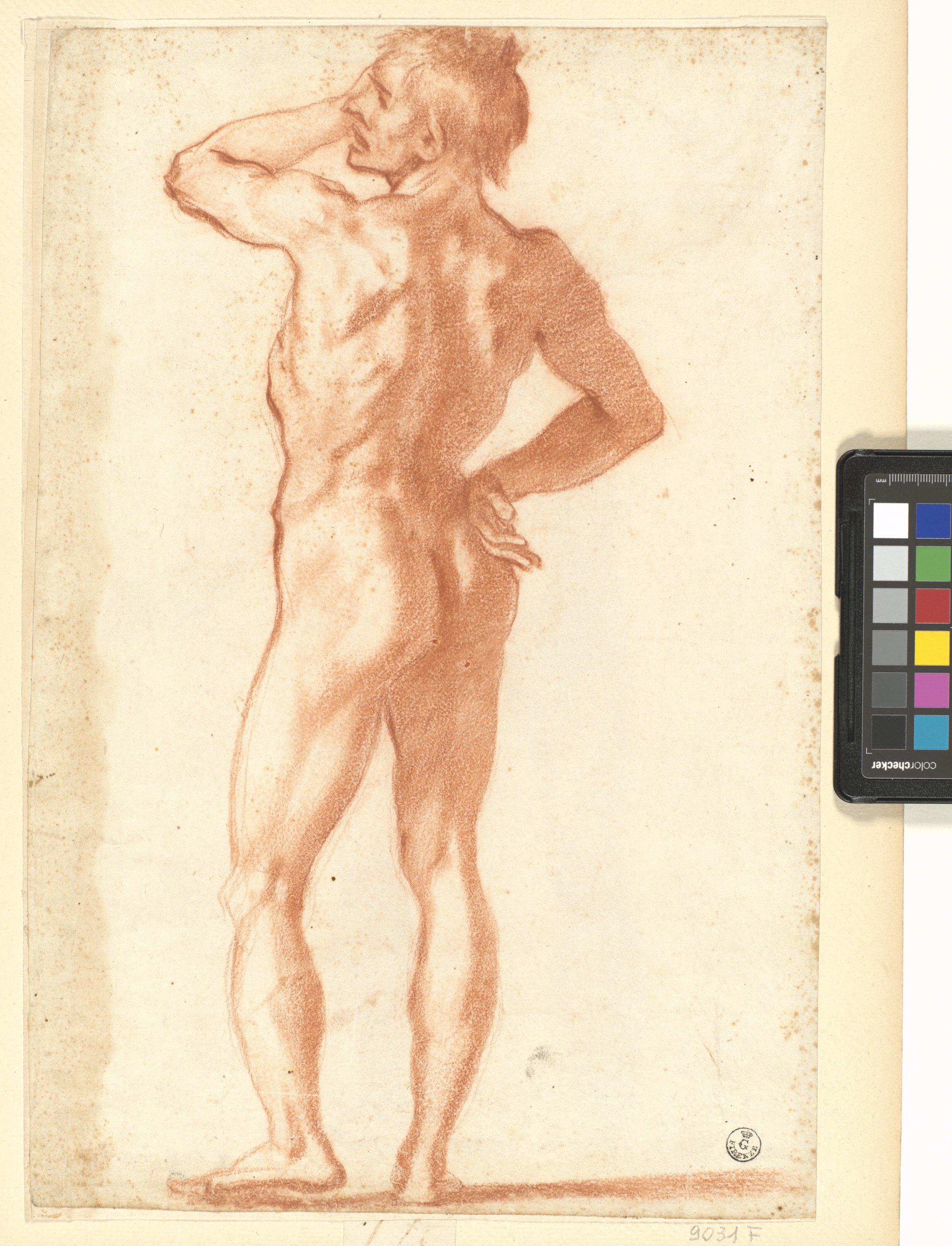 figura maschile nuda in piedi vista di spalle (r.), figura maschile nuda in piedi con le braccia aperte (v.) (disegno) di Cardi Ludovico detto Cigoli (fine/ inizio XVI/ XVII)