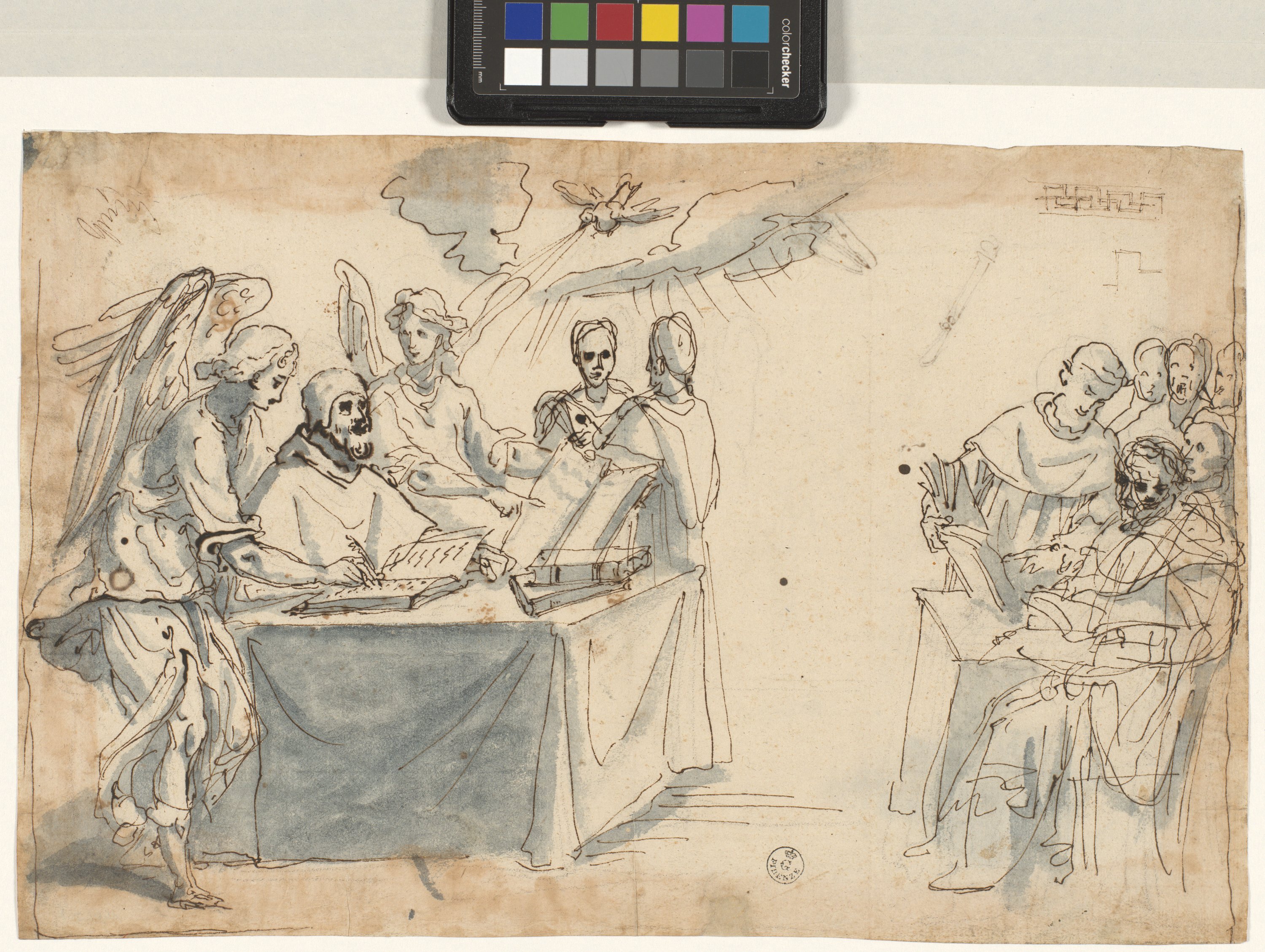 Papa Sisto V ispirato dallo Spirito Santo (r.), Oggetti (v.) (disegno) di Cardi Ludovico detto Cigoli (XVI)