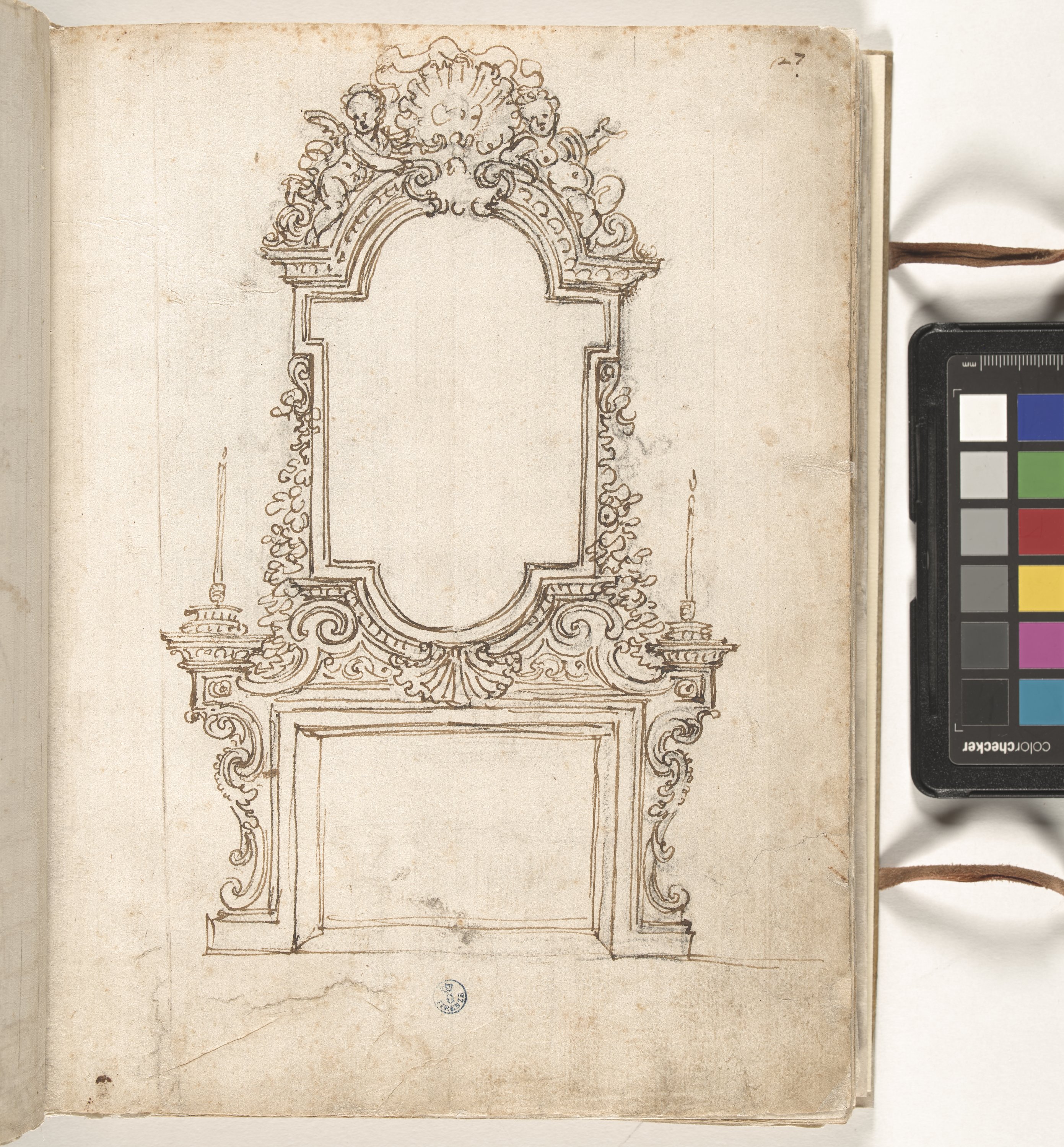 Giornale P[er] il Sig.re Gio b.ta Foggini, Camino con specchiera (r.), Pianta e prospetto di una villa con perimetro dodecagonale e cortile esagonale (v.) (disegno, elemento d'insieme) di Foggini Giovanni Battista (XVIII)