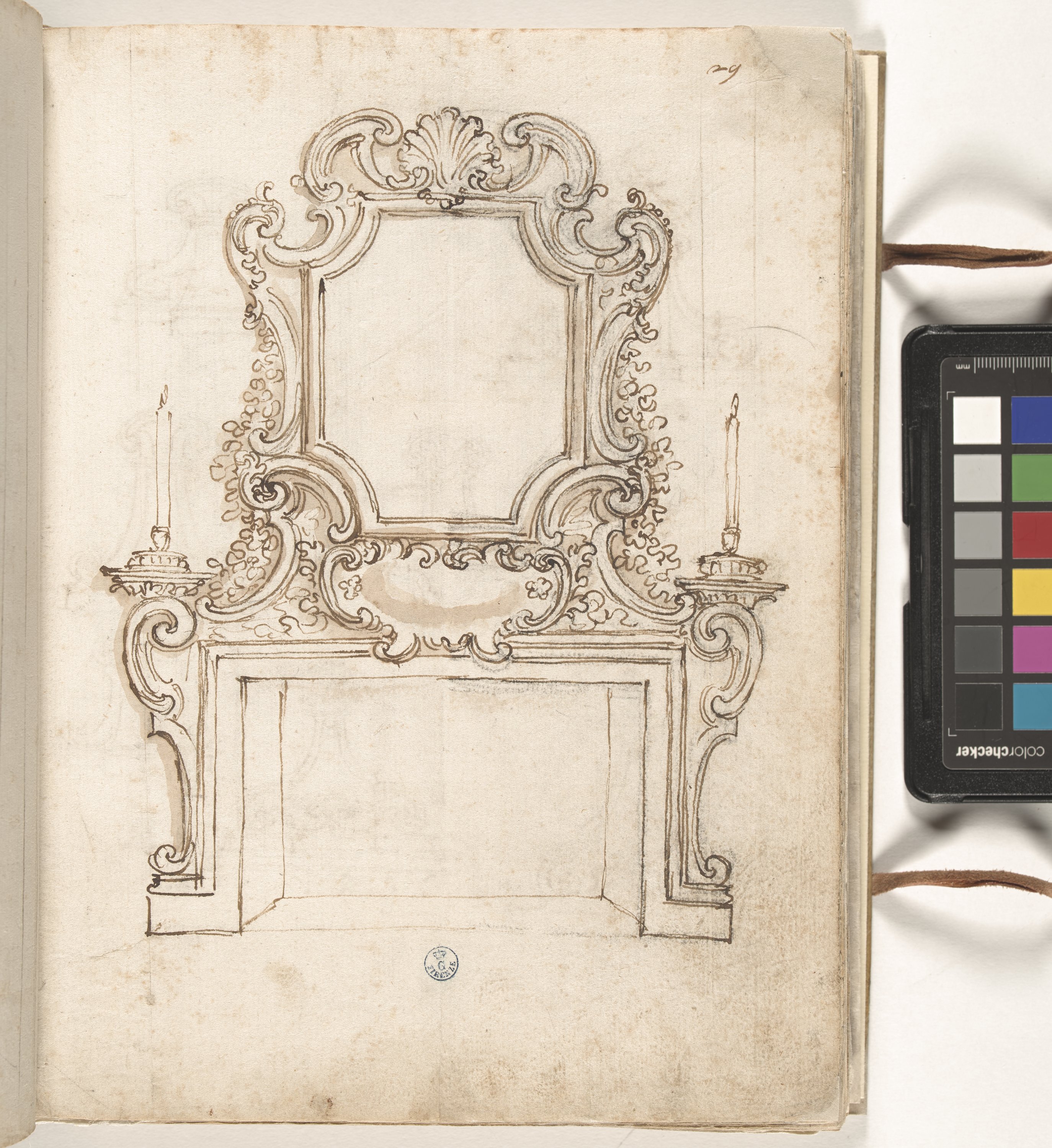 Giornale P[er] il Sig.re Gio b.ta Foggini, Camino con specchiera e due candelieri (r.), Otto studi di decorazione architettonica (v.) (disegno, elemento d'insieme) di Foggini Giovanni Battista (XVIII)