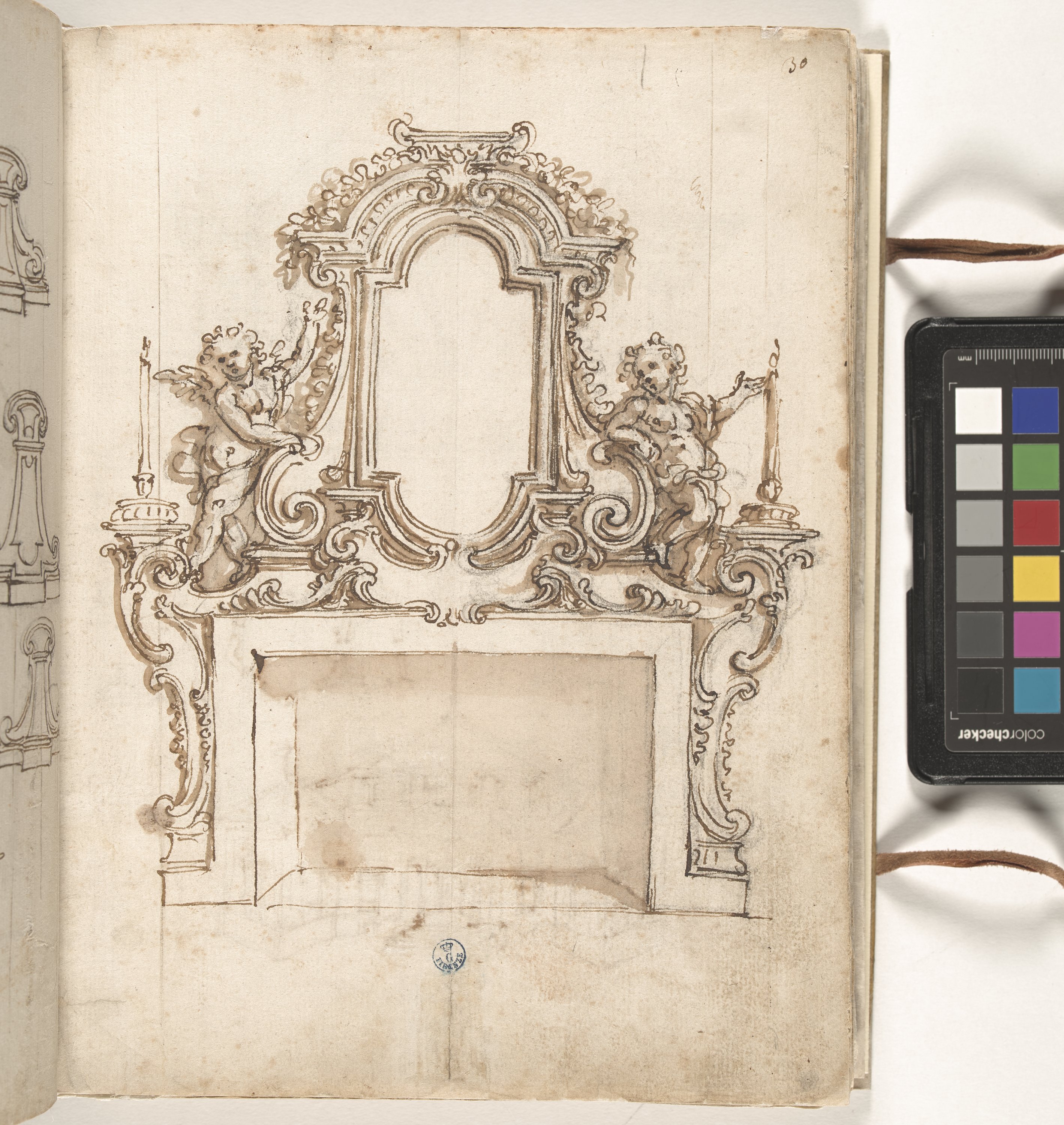 Giornale P[er] il Sig.re Gio b.ta Foggini, Camino con specchiera due putti e due candelabri (r.), Pianta e prospetto di villa; due elementi decorativi architettonici (v.) (disegno, elemento d'insieme) di Foggini Giovanni Battista (XVIII)