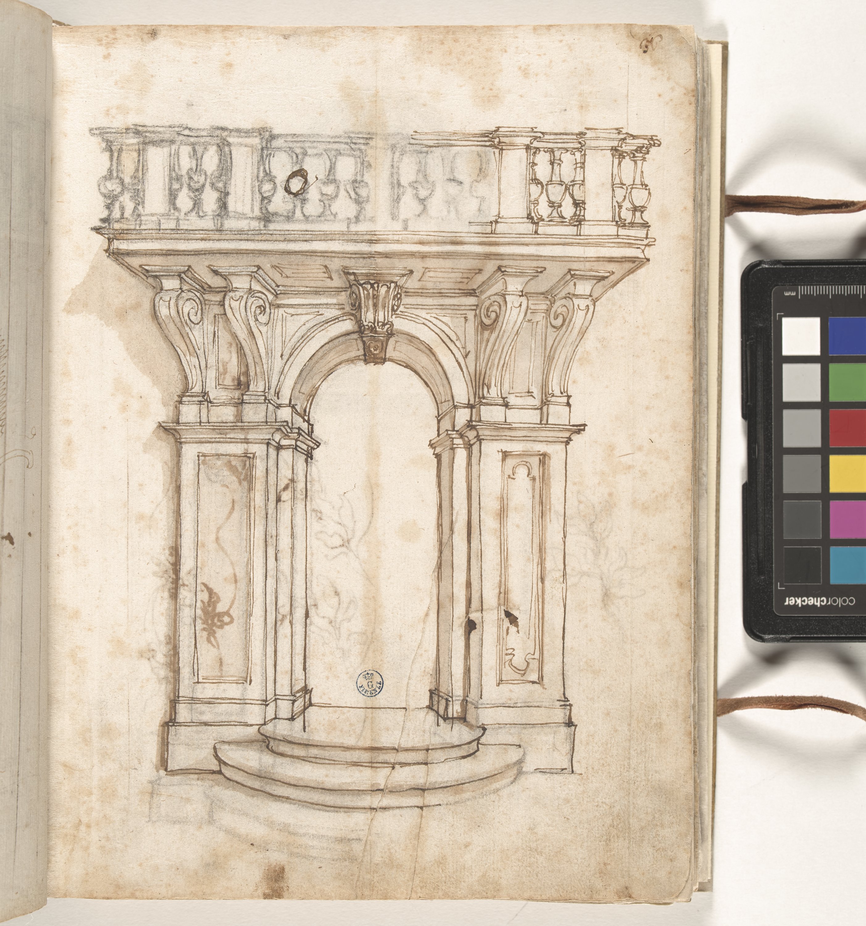 Giornale P[er] il Sig.re Gio b.ta Foggini, Portale con balaustra (r.), Decorazione di fogliame su colonne tortili (disegno, elemento d'insieme) di Foggini Giovanni Battista (XVIII)