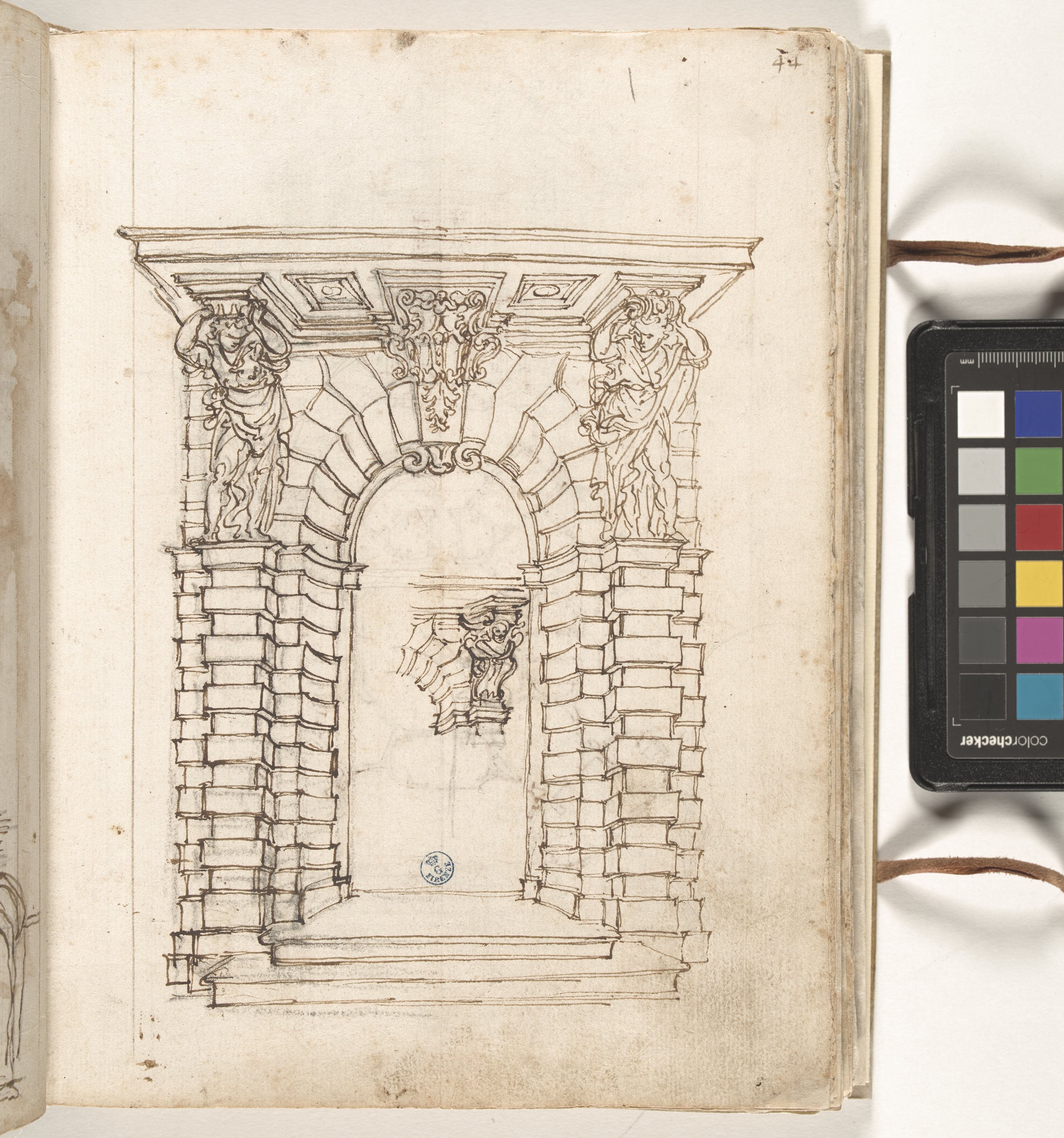 Giornale P[er] il Sig.re Gio b.ta Foggini, Portale a bugnato con Atlanti (r.), Pianta e prospetto di una villa con cortile ottagonale (v.) (disegno, elemento d'insieme) di Foggini Giovanni Battista (XVIII)