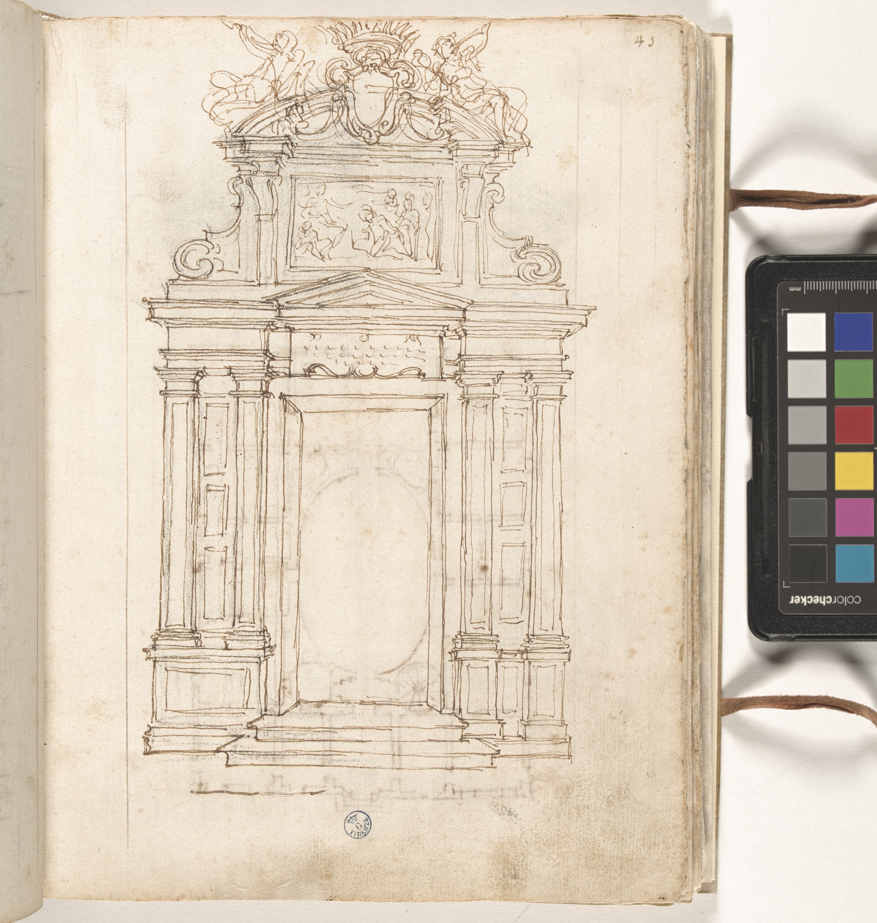 Giornale P[er] il Sig.re Gio b.ta Foggini, Portale con doppi pilastri e sul frontone un bassorilievo (r.), Pianta e alzato di villa con cortile ovale (v.) (disegno, elemento d'insieme) di Foggini Giovanni Battista (XVIII)