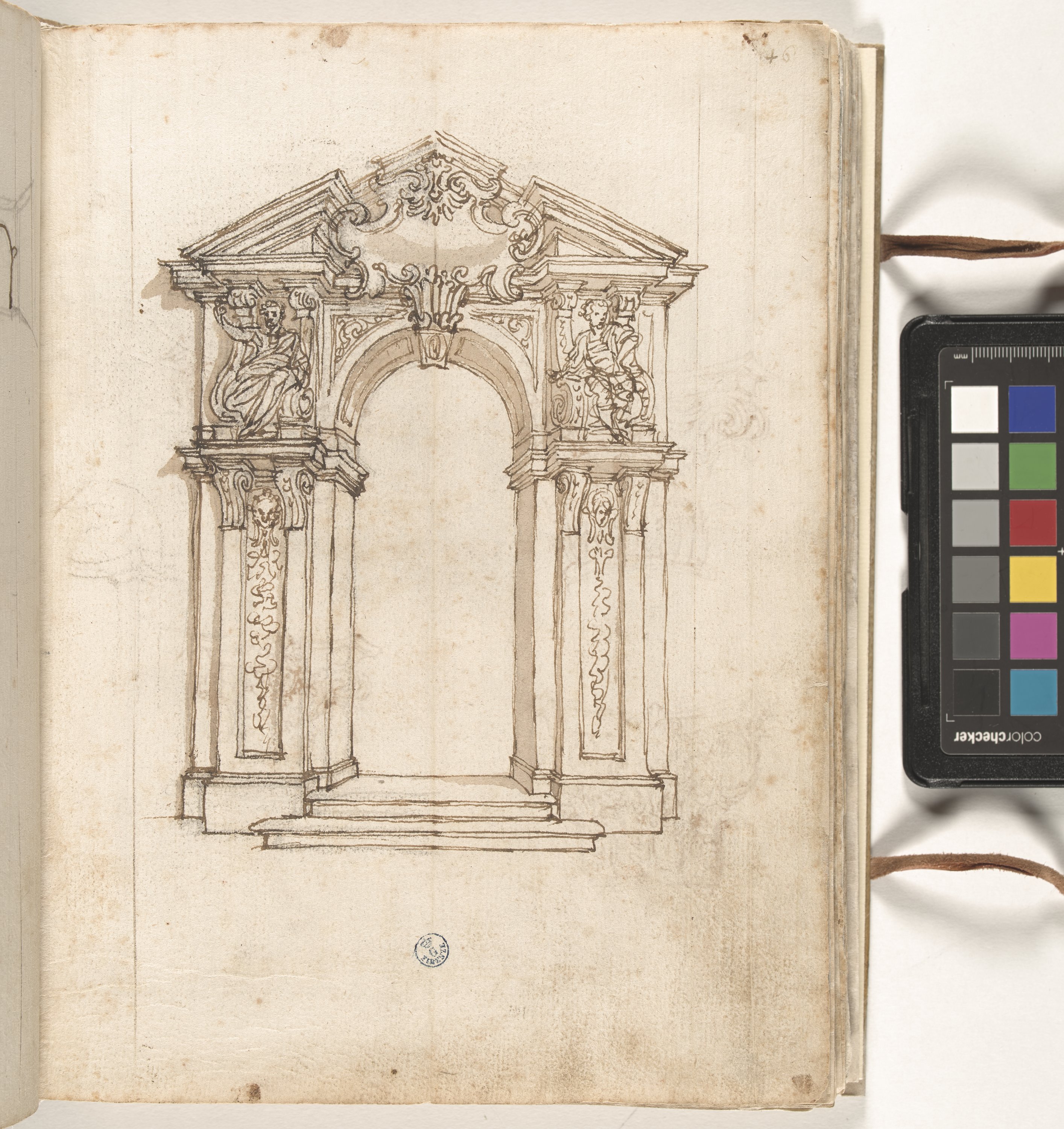Giornale P[er] il Sig.re Gio b.ta Foggini, Portale con due figure sedute (r.), Quattro capitelli compositi (v.) (disegno, elemento d'insieme) di Foggini Giovanni Battista (XVIII)