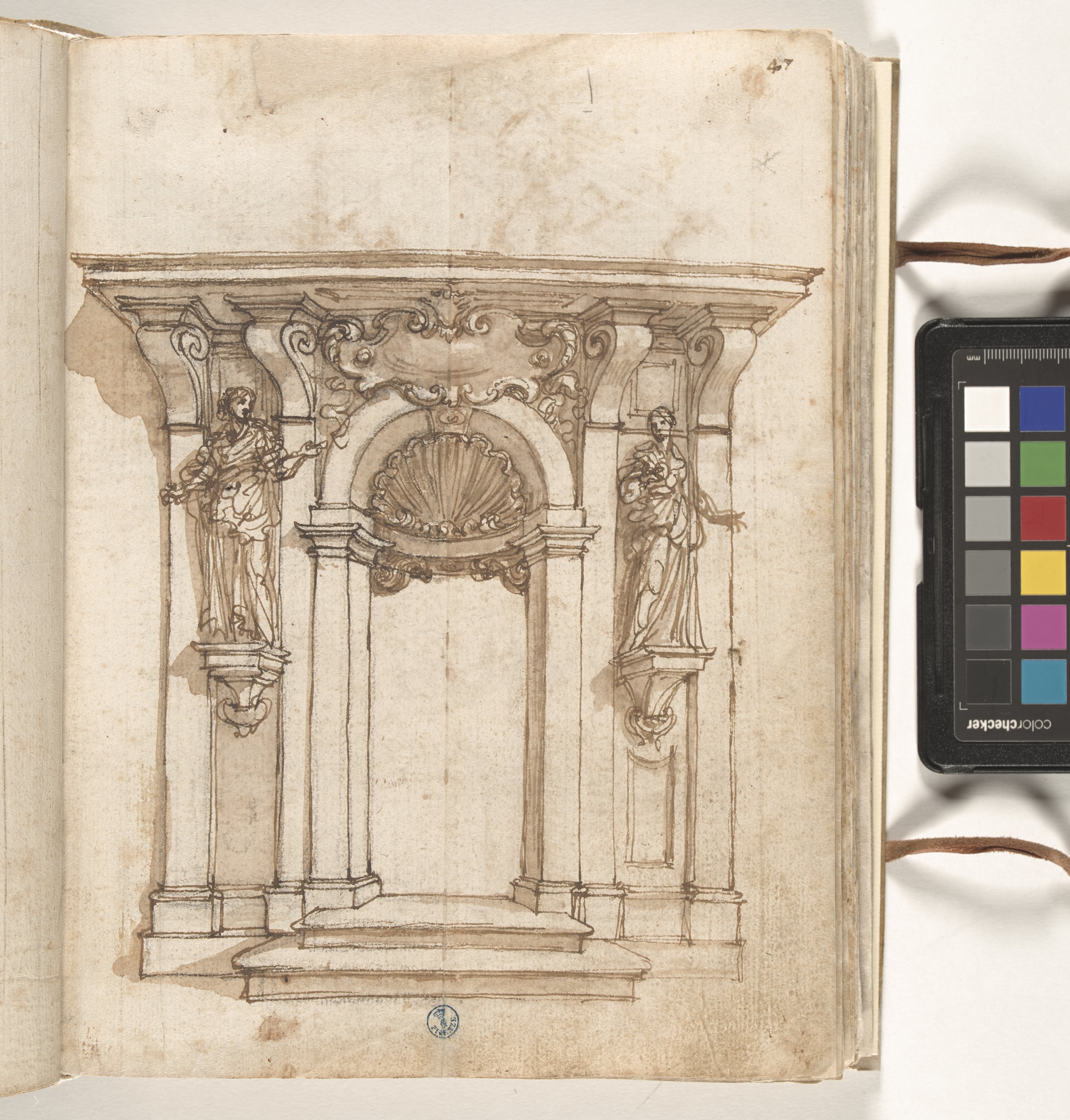 Giornale P[er] il Sig.re Gio b.ta Foggini, Portale con due statue femminili (r.), Monumento equestre entro nicchia architettonica con figure allegoriche (v.) (disegno, elemento d'insieme) di Foggini Giovanni Battista (XVIII)