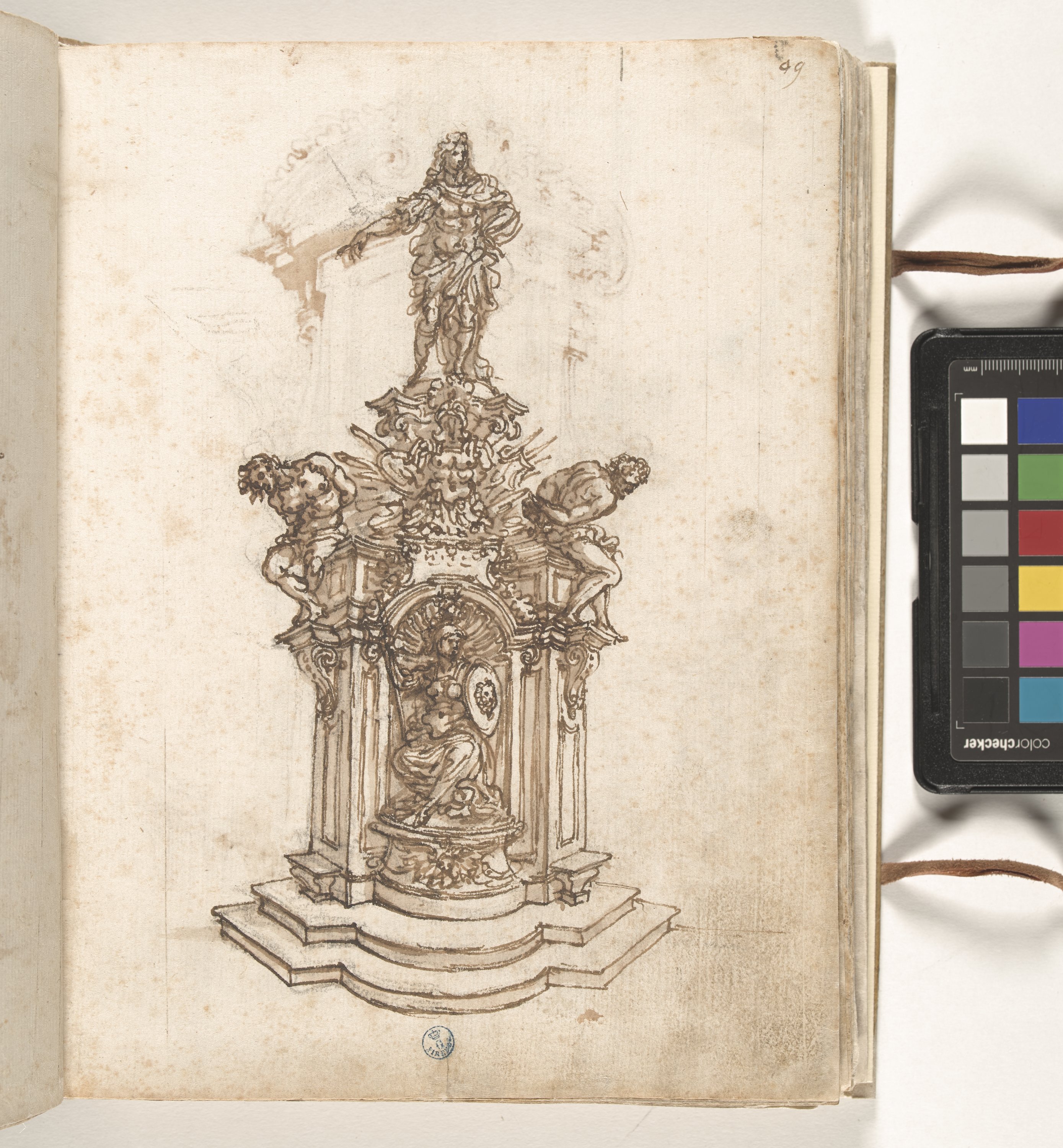 Giornale P[er] il Sig.re Gio b.ta Foggini, Statua di un principe su alta base con statua di Minerva (r.), Architetture e finestra (v.) (disegno, elemento d'insieme) di Foggini Giovanni Battista (XVIII)