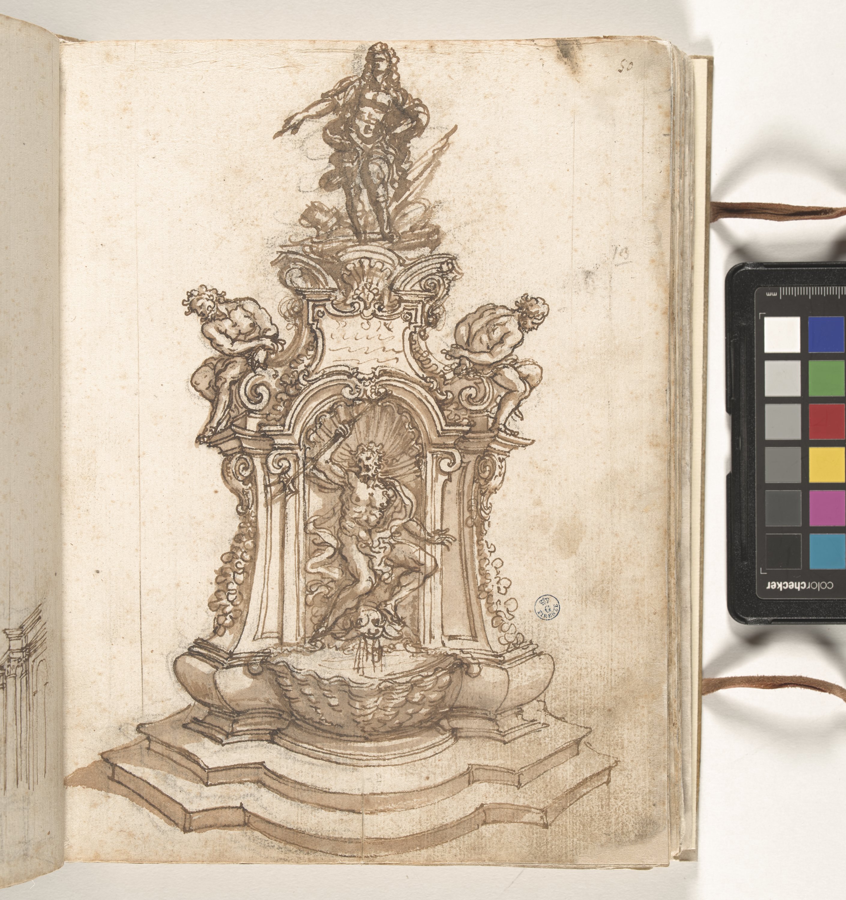 Giornale P[er] il Sig.re Gio b.ta Foggini, Statua di un principe su alta base con statua di Nettuno (r.) (disegno, elemento d'insieme) di Foggini Giovanni Battista (XVIII)