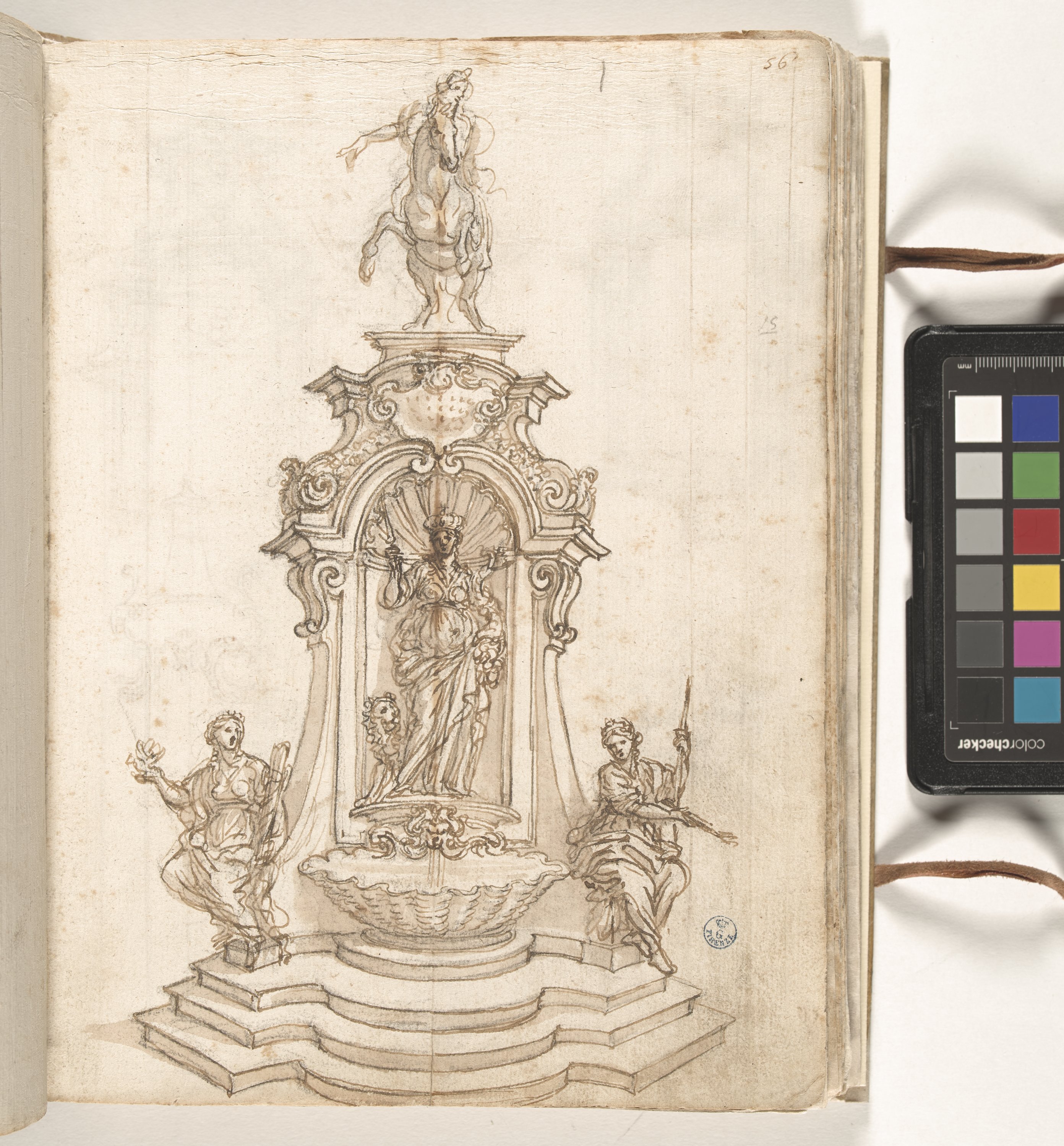 Giornale P[er] il Sig.re Gio b.ta Foggini, Monumento equestre con tre figure allegoriche (r.), Studi di recipiente a due anse e urna reliquiario (v.) (disegno, elemento d'insieme) di Foggini Giovanni Battista (XVIII)