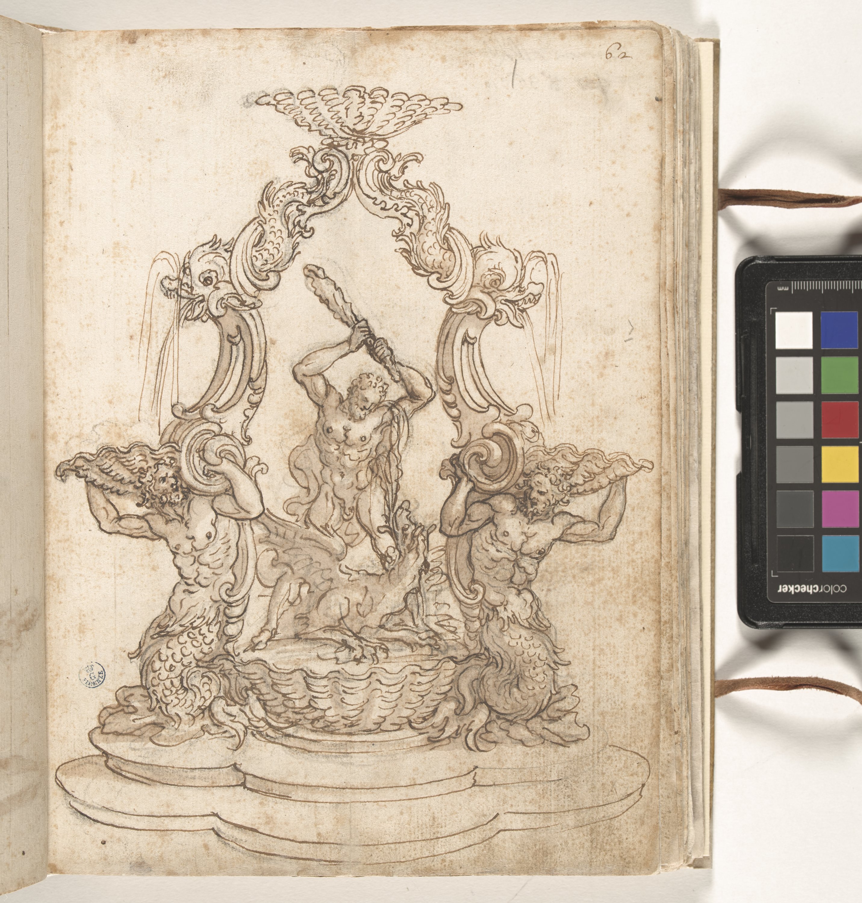 Giornale P[er] il Sig.re Gio b.ta Foggini, Fontana con Ercole e Ladone e Tritoni (r.), Lato sinistro della decorazione di una fontana con una divinità fluviale (v.) (disegno, elemento d'insieme) di Foggini Giovanni Battista (XVIII)