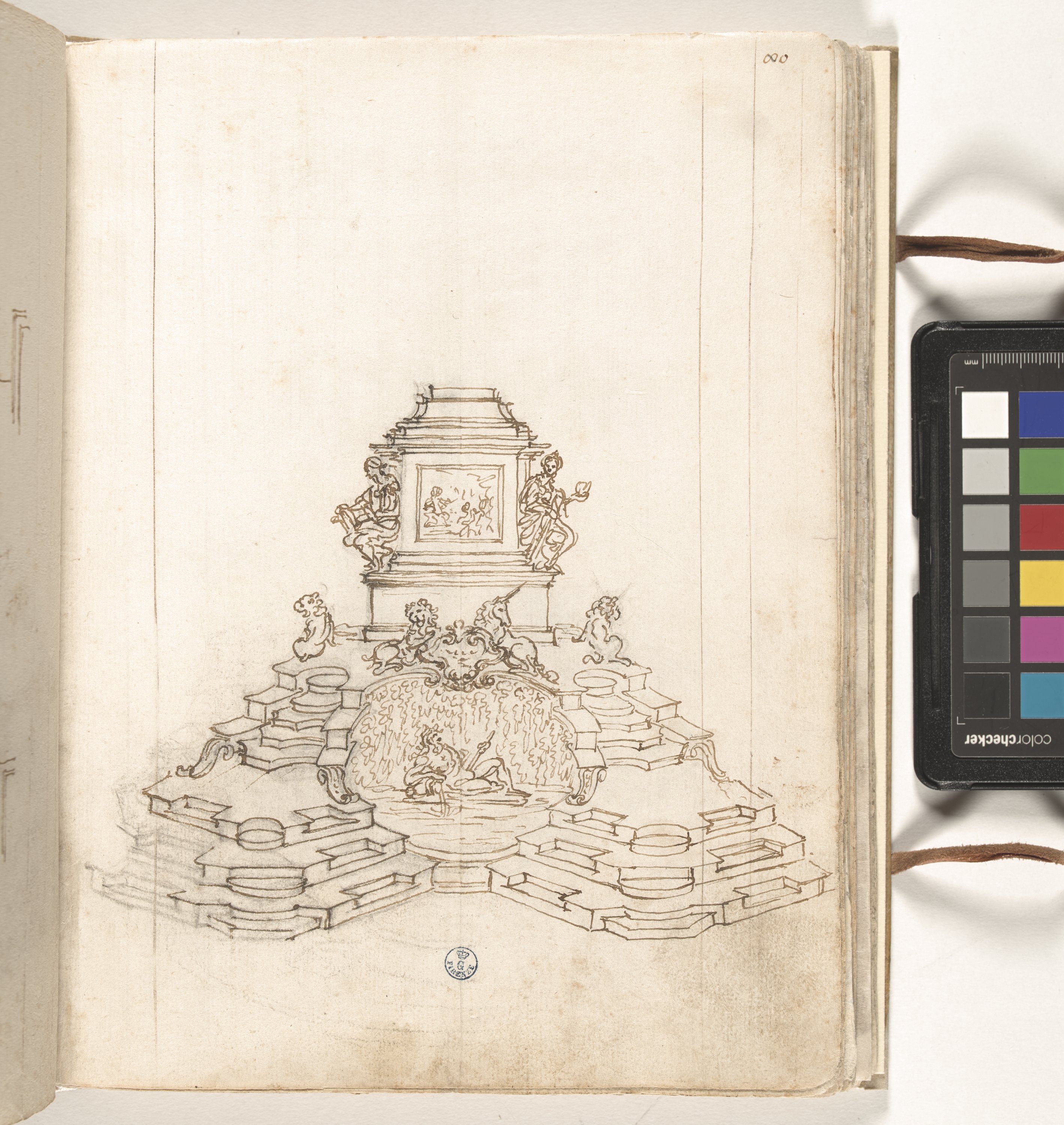 Giornale P[er] il Sig.re Gio b.ta Foggini, Monumento alla regina Anna d'Inghilterra (r.), Due schizzi di piante per il monumento alla regina Anna d'Inghilterra (v.) (disegno, elemento d'insieme) di Foggini Giovanni Battista (XVIII)