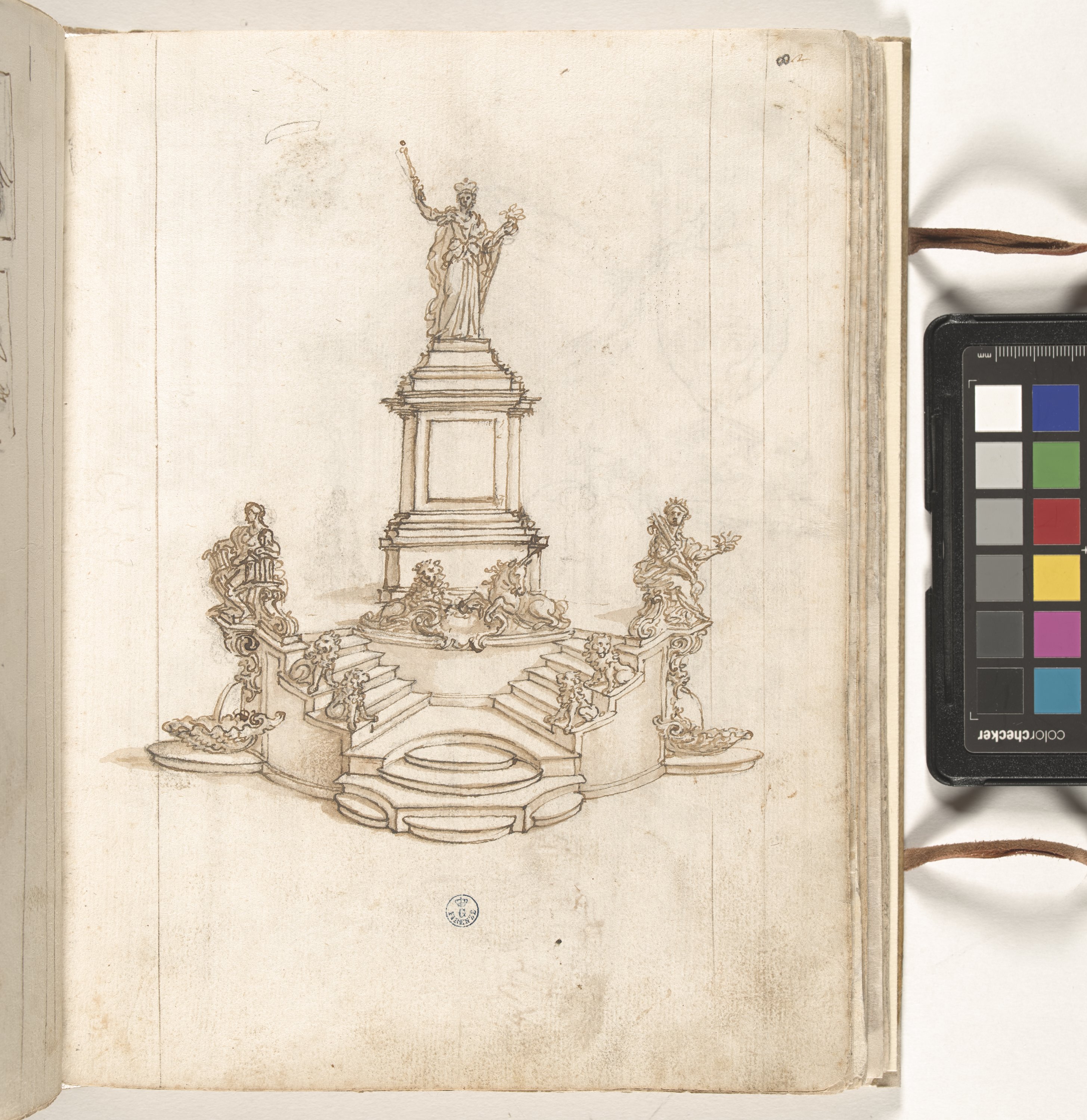 Giornale P[er] il Sig.re Gio b.ta Foggini, Monumento alla regina Anna d'Inghilterra (r.), Studio per il monumento alla regina Anna d'Inghilterra; due frutti con foglie (v.) (disegno, elemento d'insieme) di Foggini Giovanni Battista (XVIII)