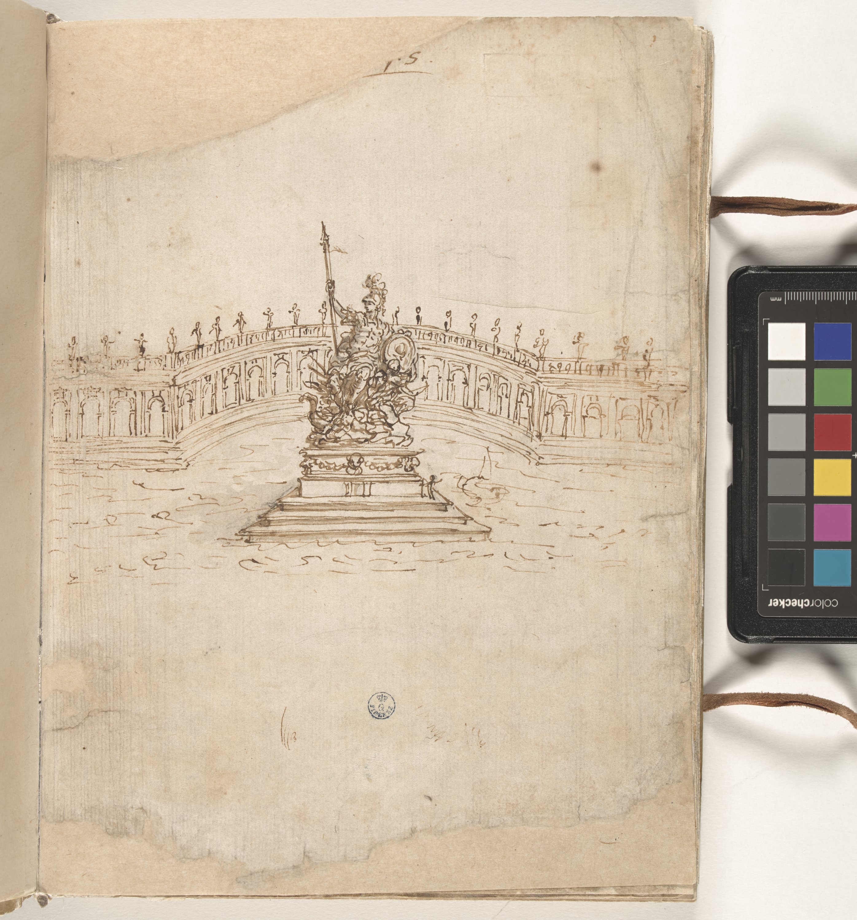 Giornale P[er] il Sig.re Gio b.ta Foggini, Progetto per scenografia o monumento con un gruppo scultoreo al centro di una vasca (r.), Schizzo di pianta (?) (v.) (disegno, elemento d'insieme) di Foggini Giovanni Battista (XVIII)