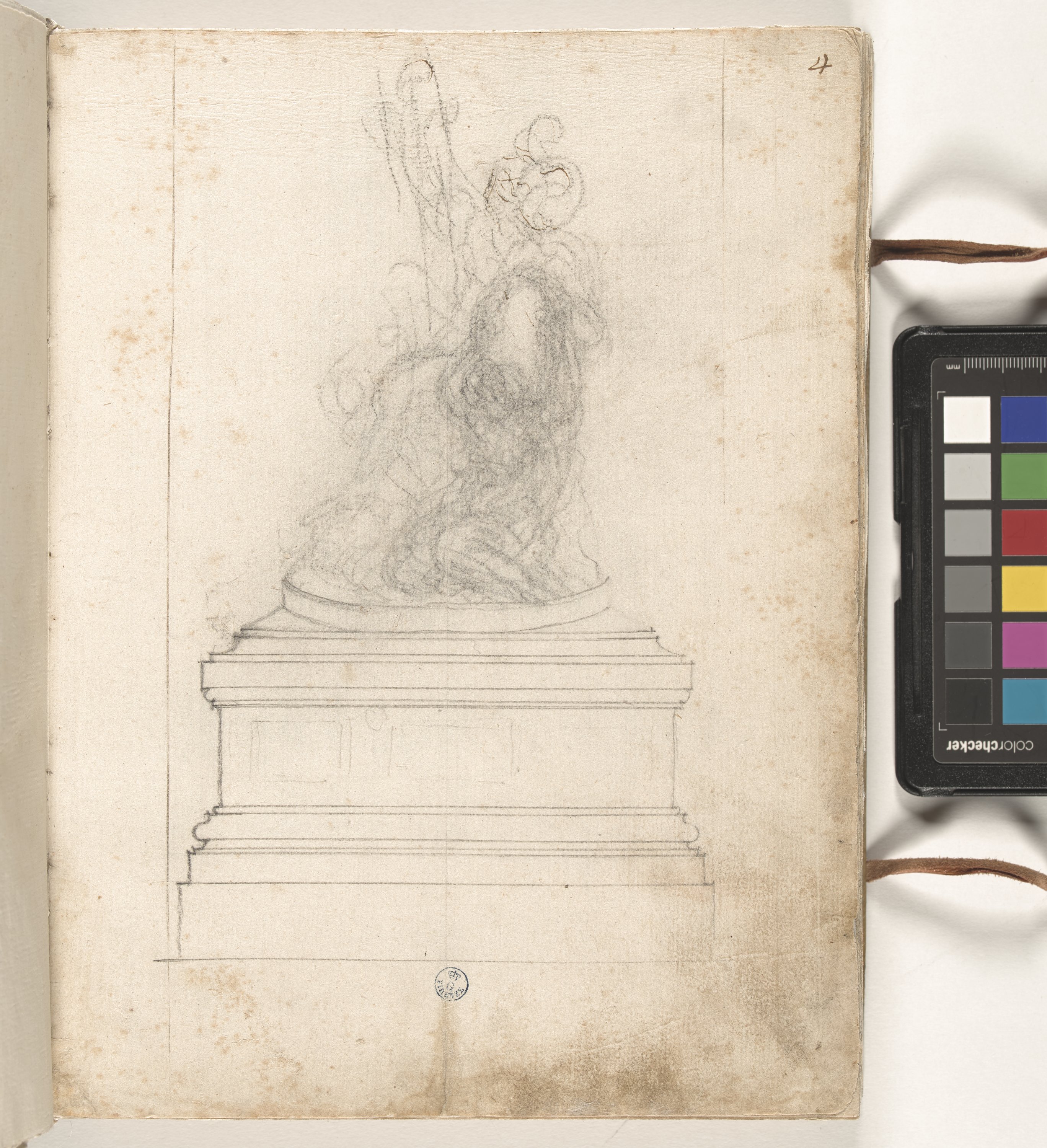 Giornale P[er] il Sig.re Gio b.ta Foggini, Schizzo di gruppo scultoreo su piedistallo (r.), Schizzo di figura femminile su una quadriga (v.) (disegno, elemento d'insieme) di Foggini Giovanni Battista (XVIII)