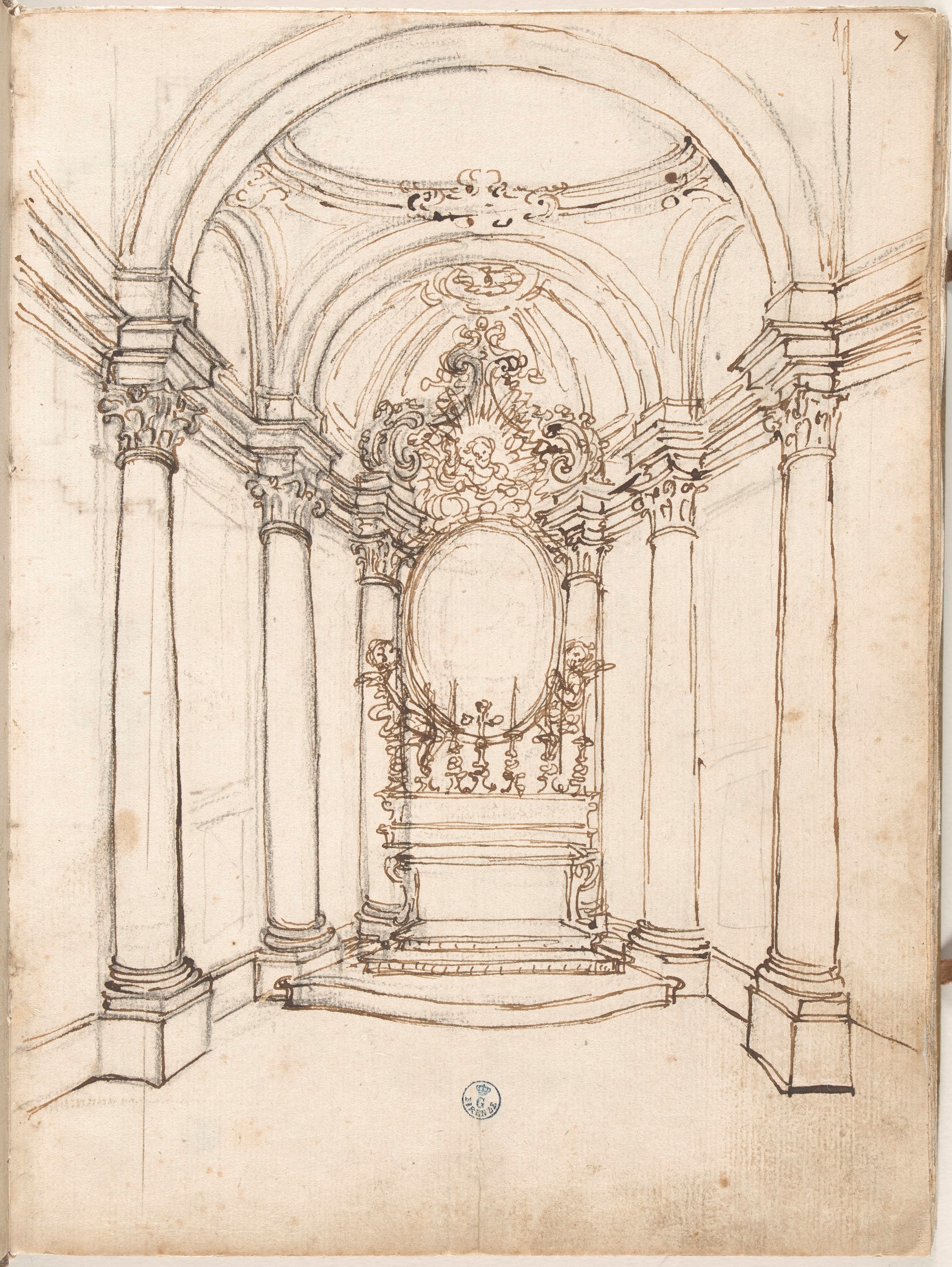 Giornale P[er] il Sig.re Gio b.ta Foggini, Interno di cappella, Due schizzi di piante di ambienti a pianta centrale; gamba di tavolo (disegno, elemento d'insieme) di Foggini Giovanni Battista (XVIII)