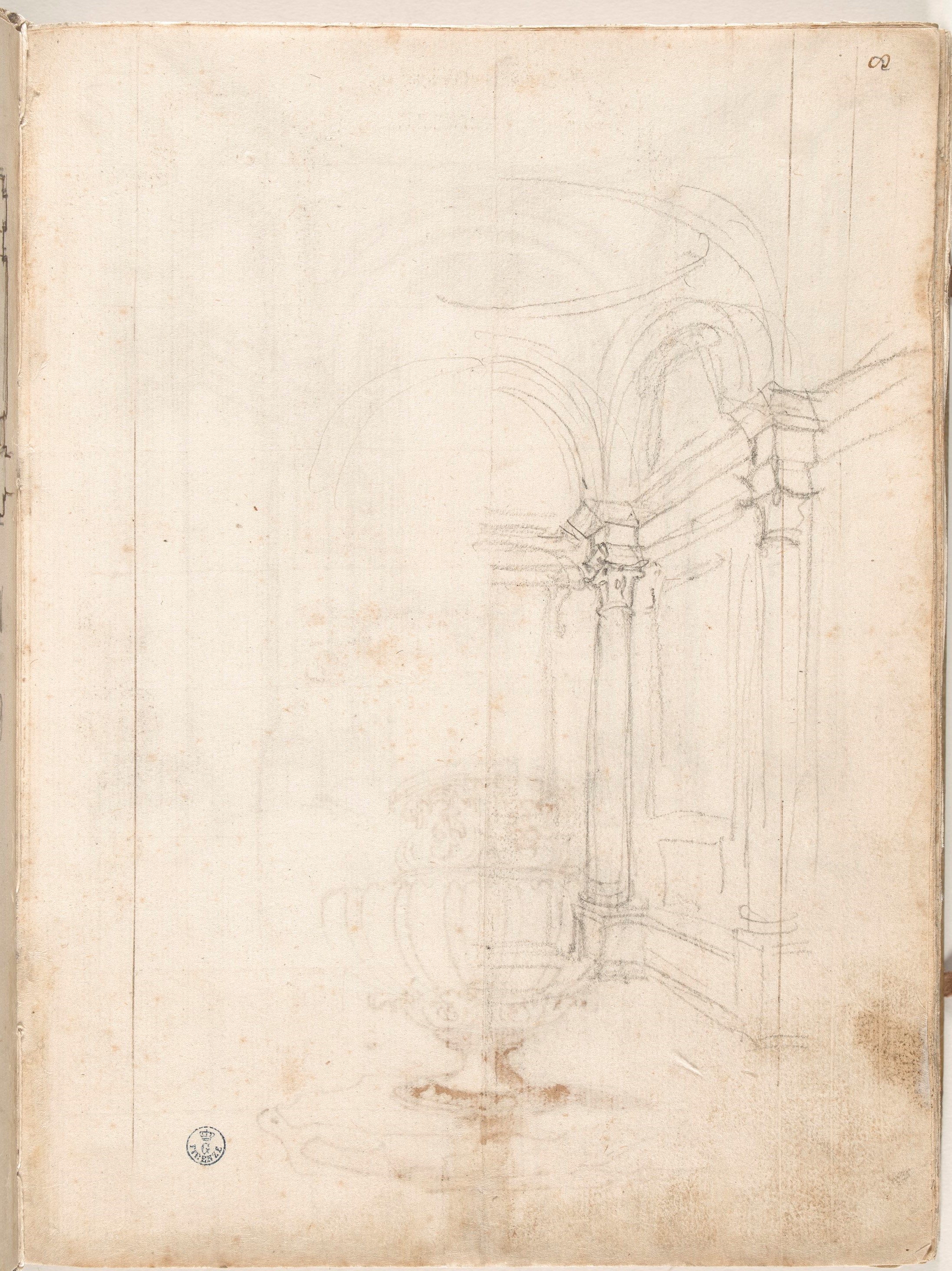 Giornale P[er] il Sig.re Gio b.ta Foggini, Schizzo di interno di cappella con cupola su pennacchi (v.), Vaso con ornamenti a foglie d'acanto (r.) (disegno, elemento d'insieme) di Foggini Giovanni Battista (XVIII)