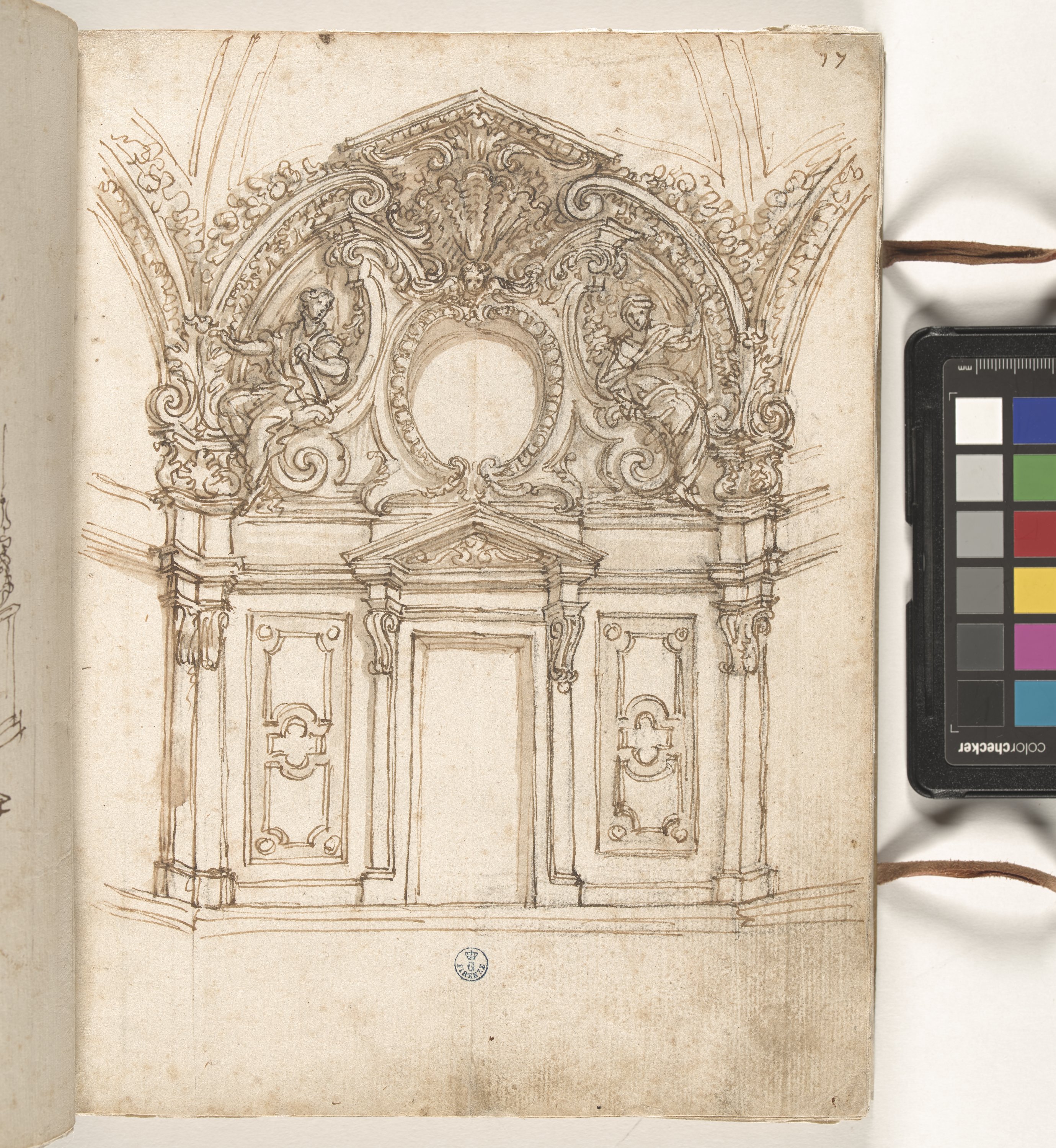 Giornale P[er] il Sig.re Gio b.ta Foggini, Progetto di decorazione di parete con due figure allegoriche sopra una porta (r.) (disegno, elemento d'insieme) di Foggini Giovanni Battista (XVIII)