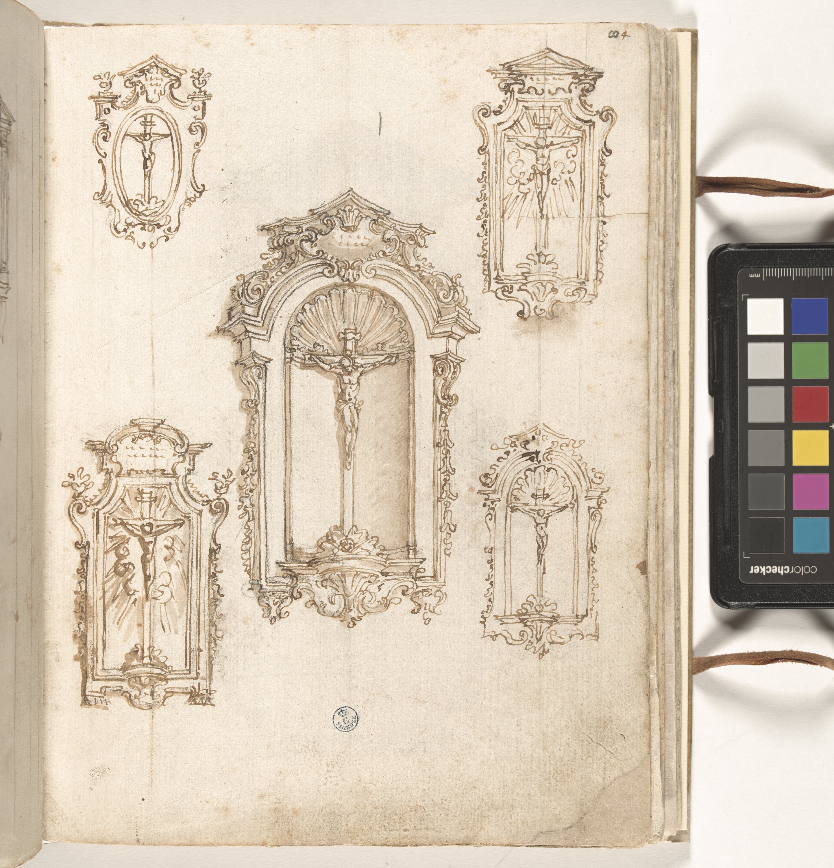 Giornale P[er] il Sig.re Gio b.ta Foggini, Cinque studi per un Crocifisso dentro una cornice ornata (r.), Due motivi ornamentali con teste d'angelo (v.) (disegno, elemento d'insieme) di Foggini Giovanni Battista (XVIII)