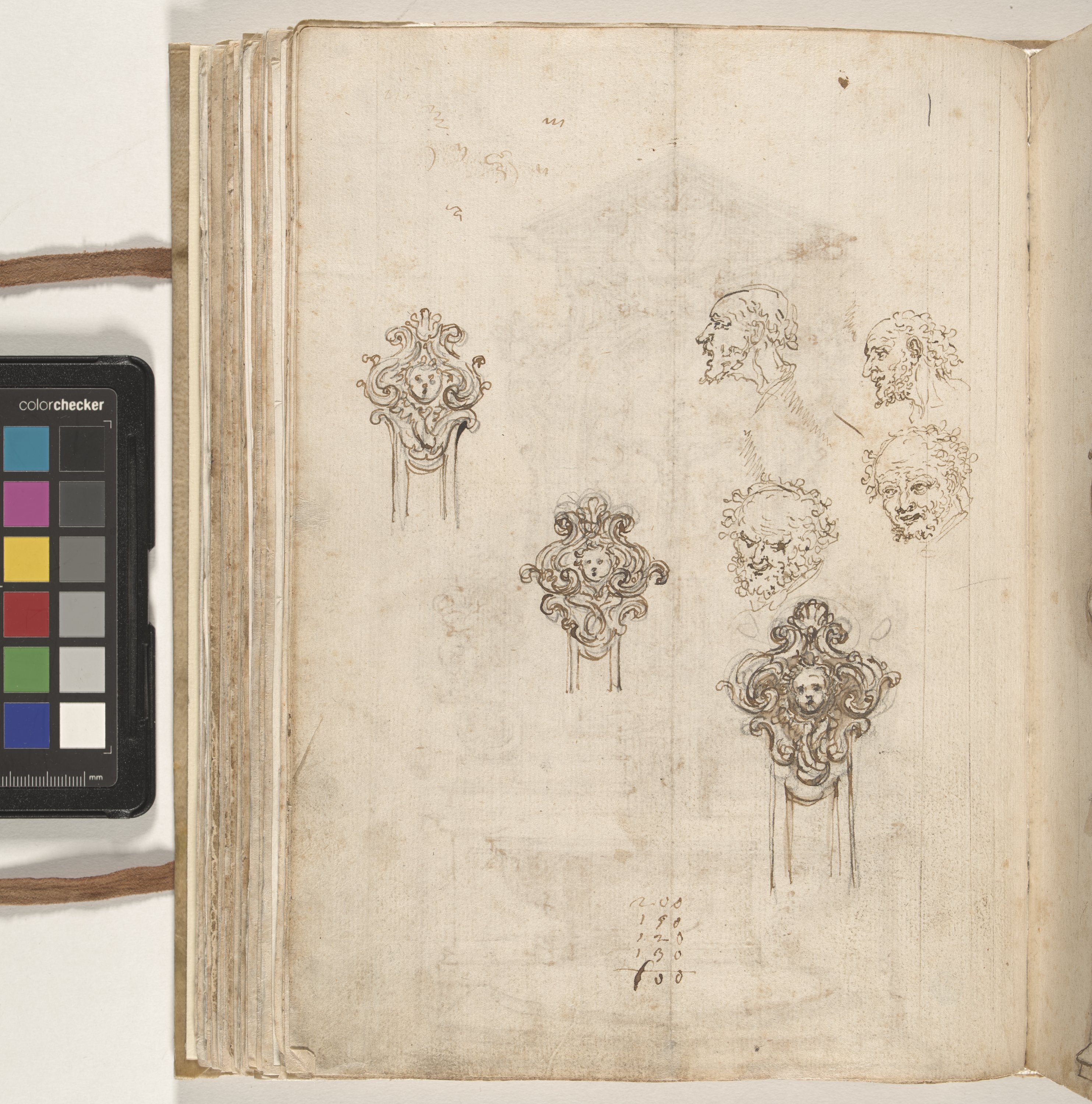 Giornale P[er] il Sig.re Gio b.ta Foggini, Altare del Sacramento con Crocifisso (r.), Tre motivi ornamentali con teste di angeli; quattro teste maschili (v.) (disegno, elemento d'insieme) di Foggini Giovanni Battista (XVIII)