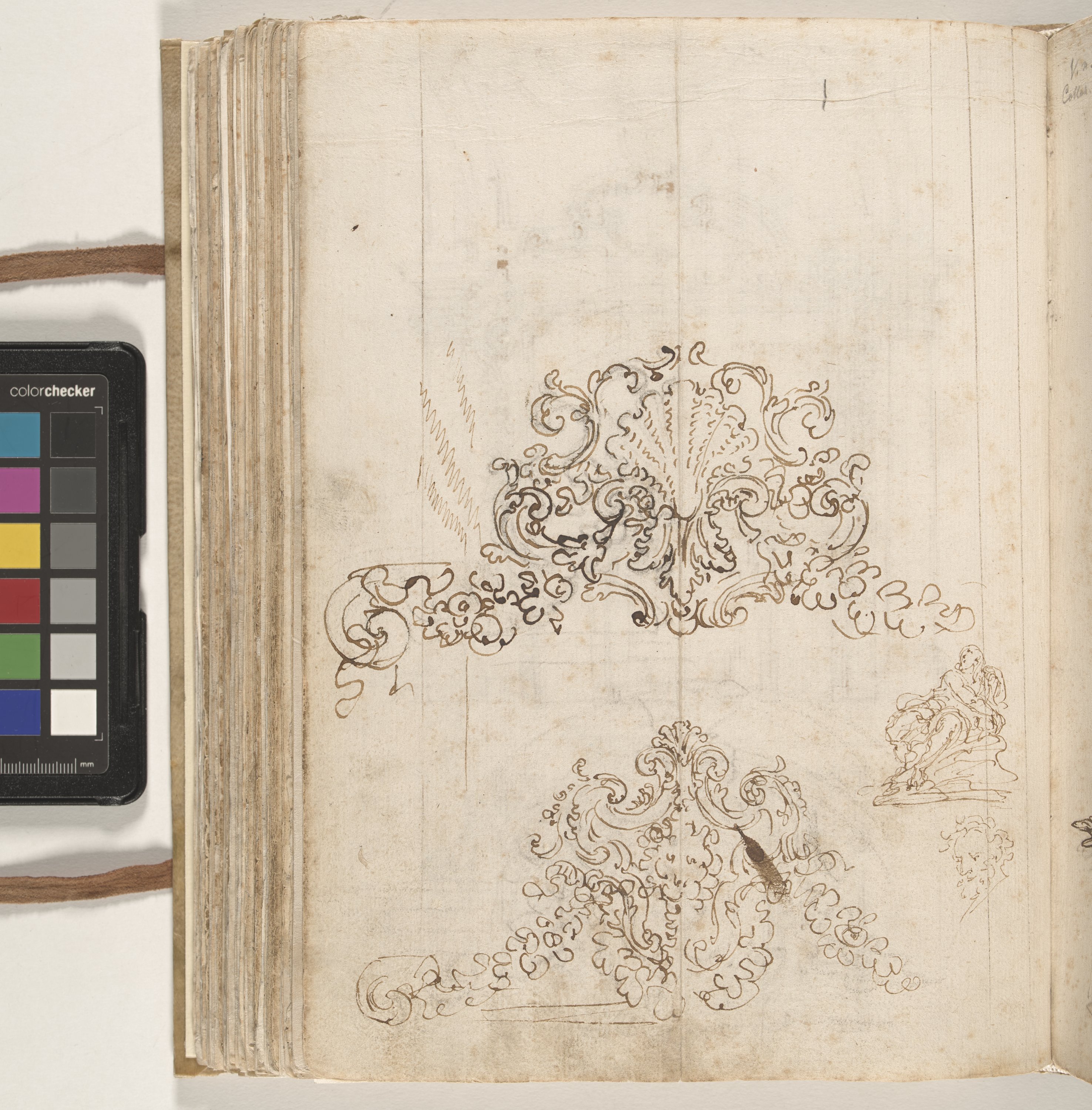 Giornale P[er] il Sig.re Gio b.ta Foggini, Spaccato di interno a volta; cornice, Motivi ornamentali; figura seduta; testa virile (disegno, elemento d'insieme) di Foggini Giovanni Battista (XVIII)