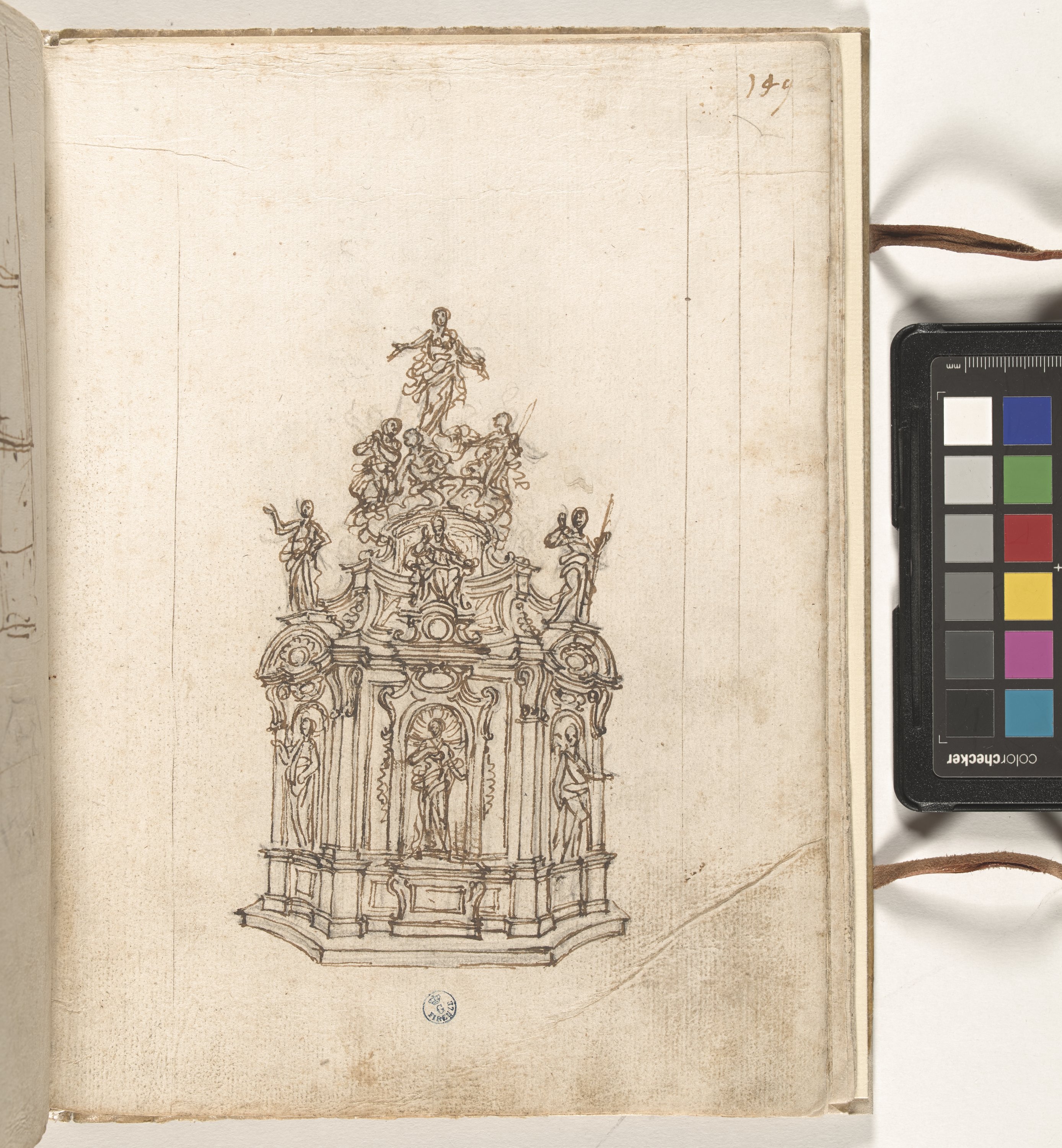 Giornale P[er] il Sig.re Gio b.ta Foggini, Reliquiario di forma ottagonale con figure (r.), Schizzi geometrici (v.) (disegno, elemento d'insieme) di Foggini Giovanni Battista (XVIII)