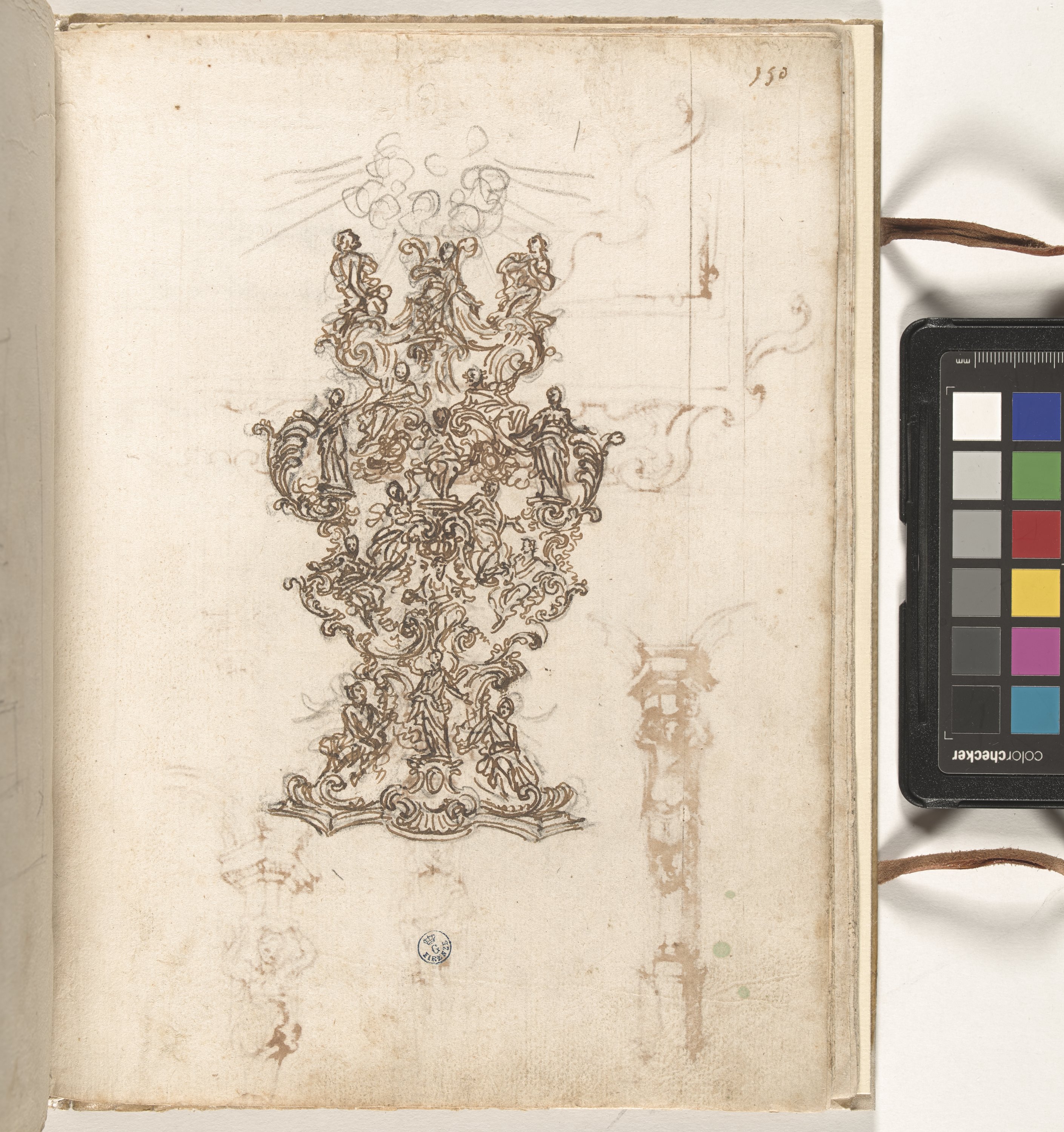 Giornale P[er] il Sig.re Gio b.ta Foggini, Reliquiario espanso (r.), Studi di cornice; particolari di un reliquiario (v.) (disegno, elemento d'insieme) di Foggini Giovanni Battista (XVIII)