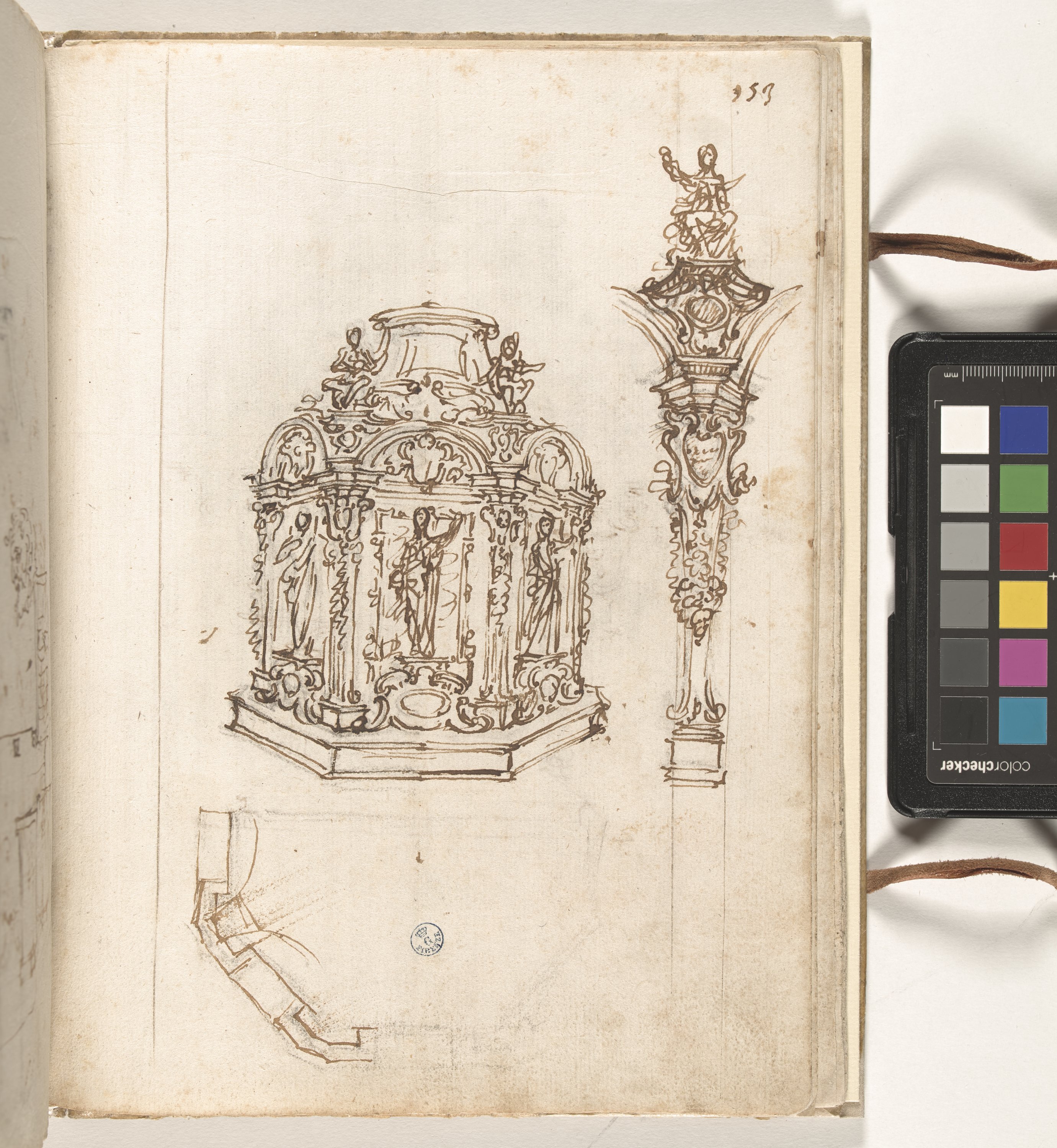 Giornale P[er] il Sig.re Gio b.ta Foggini, Reliquiario ottagonale e particolare angolare dello stesso (recto), Studio di altare (v.) (disegno, elemento d'insieme) di Foggini Giovanni Battista (XVIII)