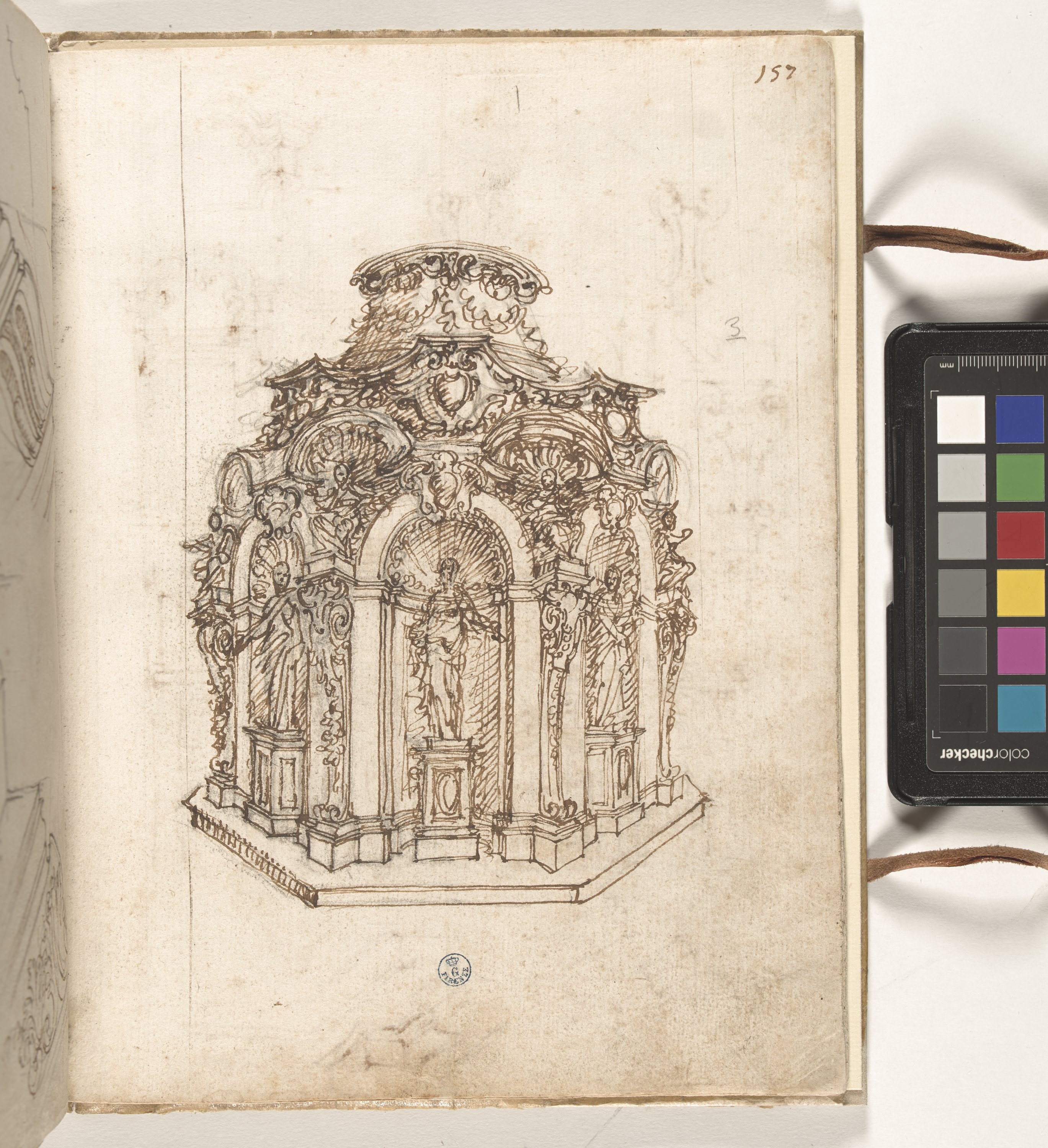 Giornale P[er] il Sig.re Gio b.ta Foggini, Reliquiario ottagonale (r.), Particolari architettonici e parete di una chiesa (v.) (disegno, elemento d'insieme) di Foggini Giovanni Battista (XVIII)