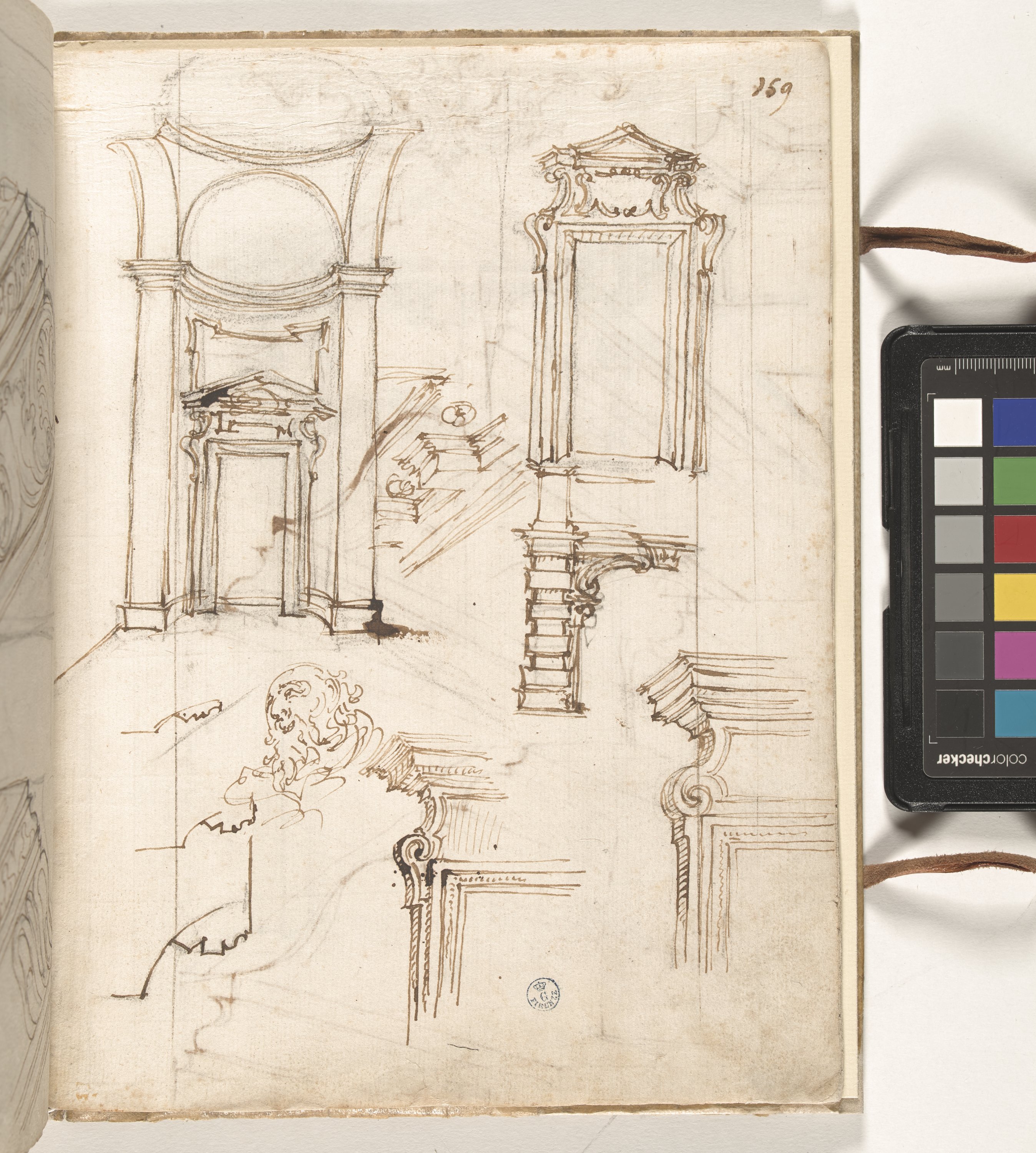 Giornale P[er] il Sig.re Gio b.ta Foggini, Studi architettonici; testa maschile (r.), Studi di architrave ed ornato (v.) (disegno, elemento d'insieme) di Foggini Giovanni Battista (XVIII)