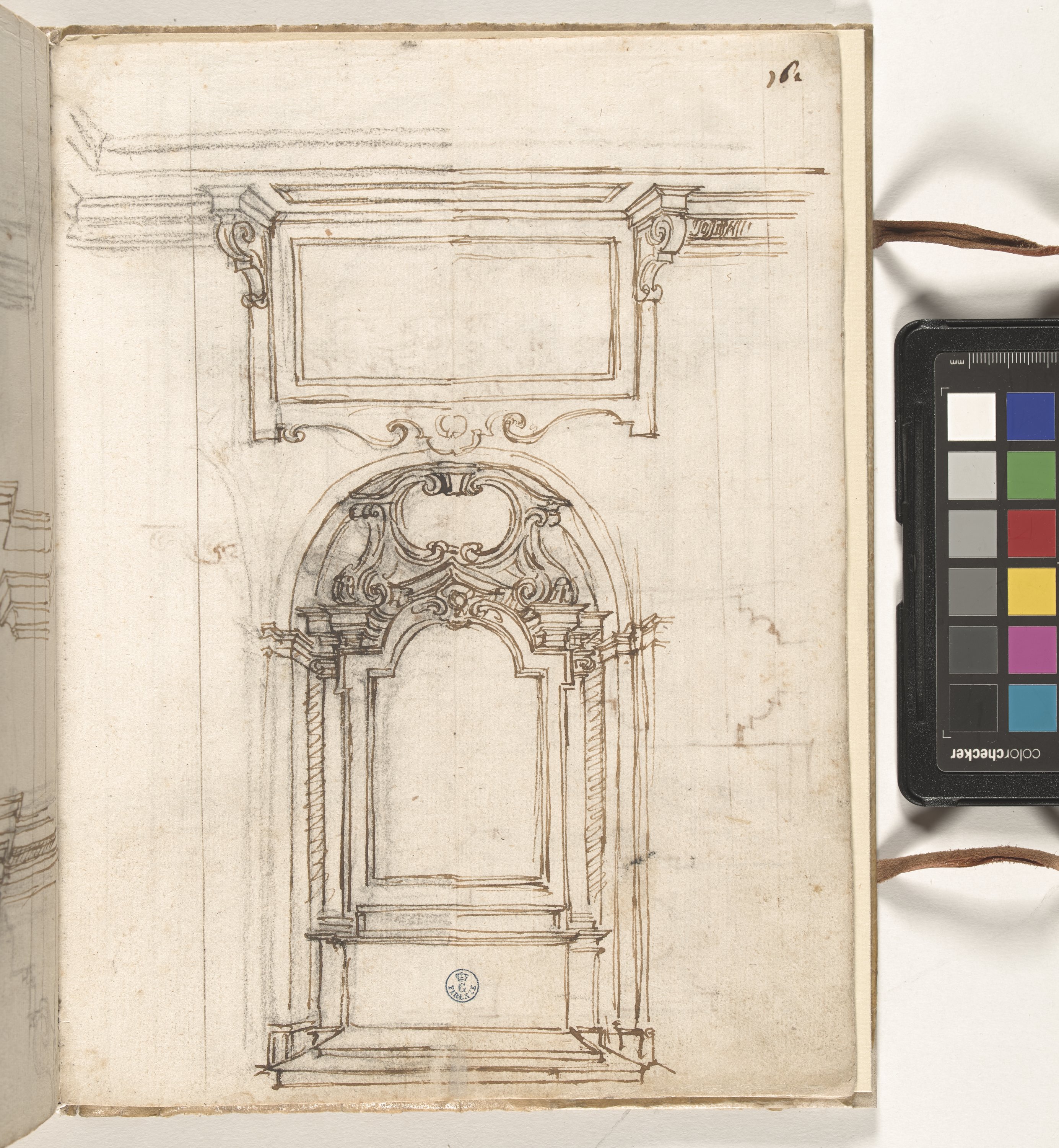 Giornale P[er] il Sig.re Gio b.ta Foggini, Studi architettonici di cappella e architrave (r.), Studi di due piante e di ornamenti; testa maschile (v.) (disegno, elemento d'insieme) di Foggini Giovanni Battista (XVIII)