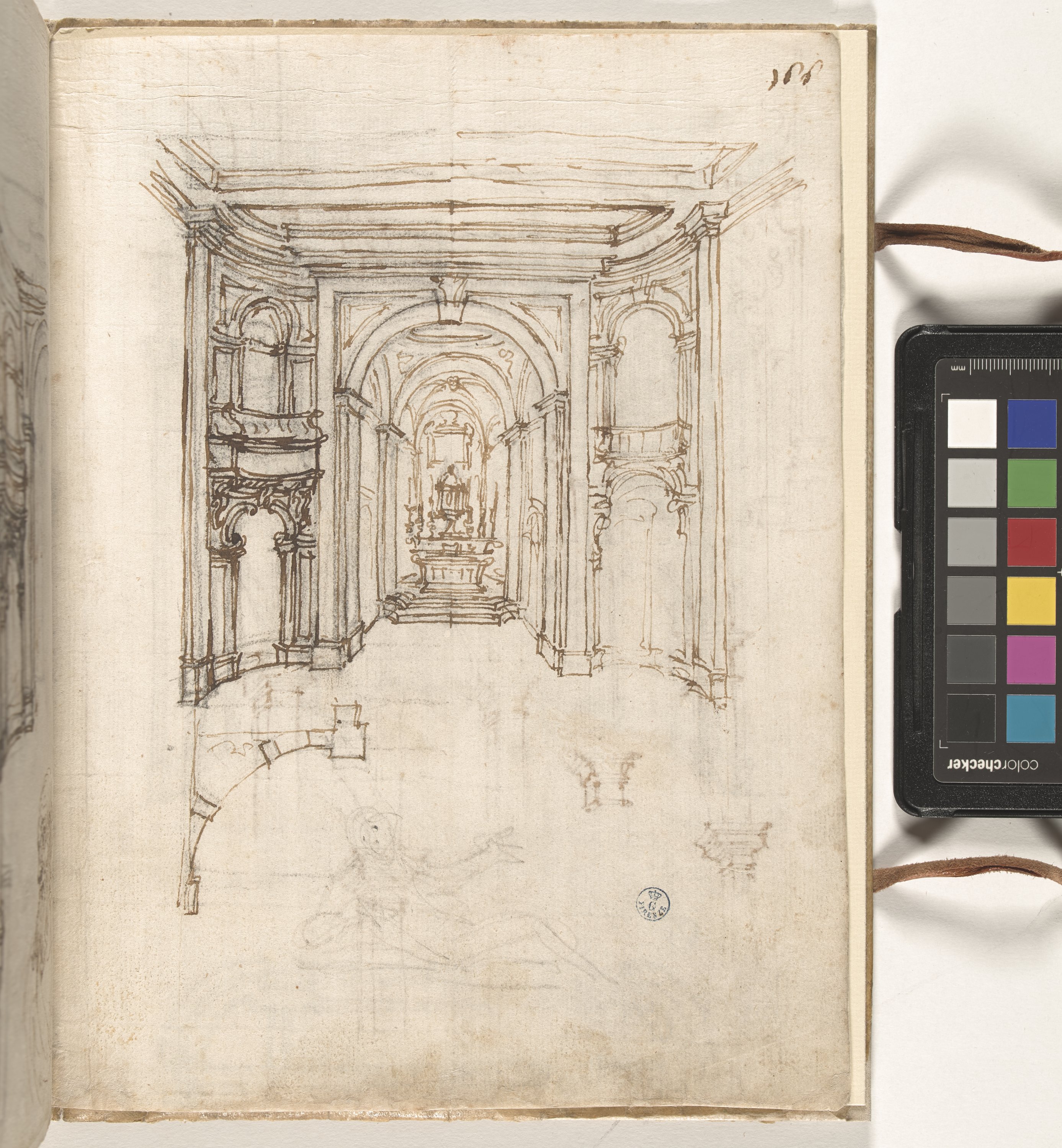 Giornale P[er] il Sig.re Gio b.ta Foggini, Studio di abside della chiesa di Sant'Ambrogio (r.), Studi di particolari architettonici (v.) (disegno, elemento d'insieme) di Foggini Giovanni Battista (XVIII)