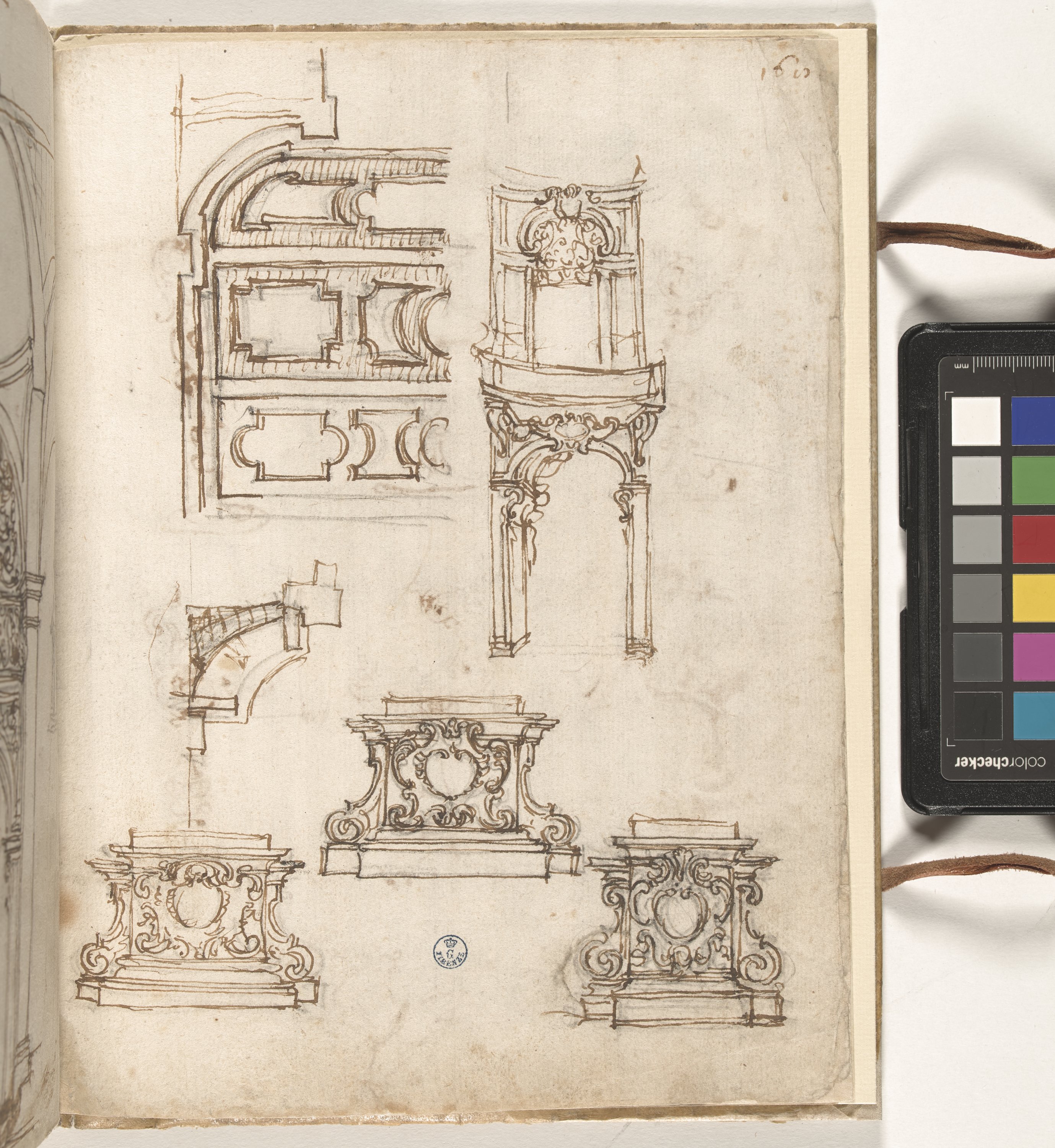 Giornale P[er] il Sig.re Gio b.ta Foggini, Studi architettonici; tre basi (r.), Sei lucerne; tre figure maschili (v.) (disegno, elemento d'insieme) di Foggini Giovanni Battista (XVIII)