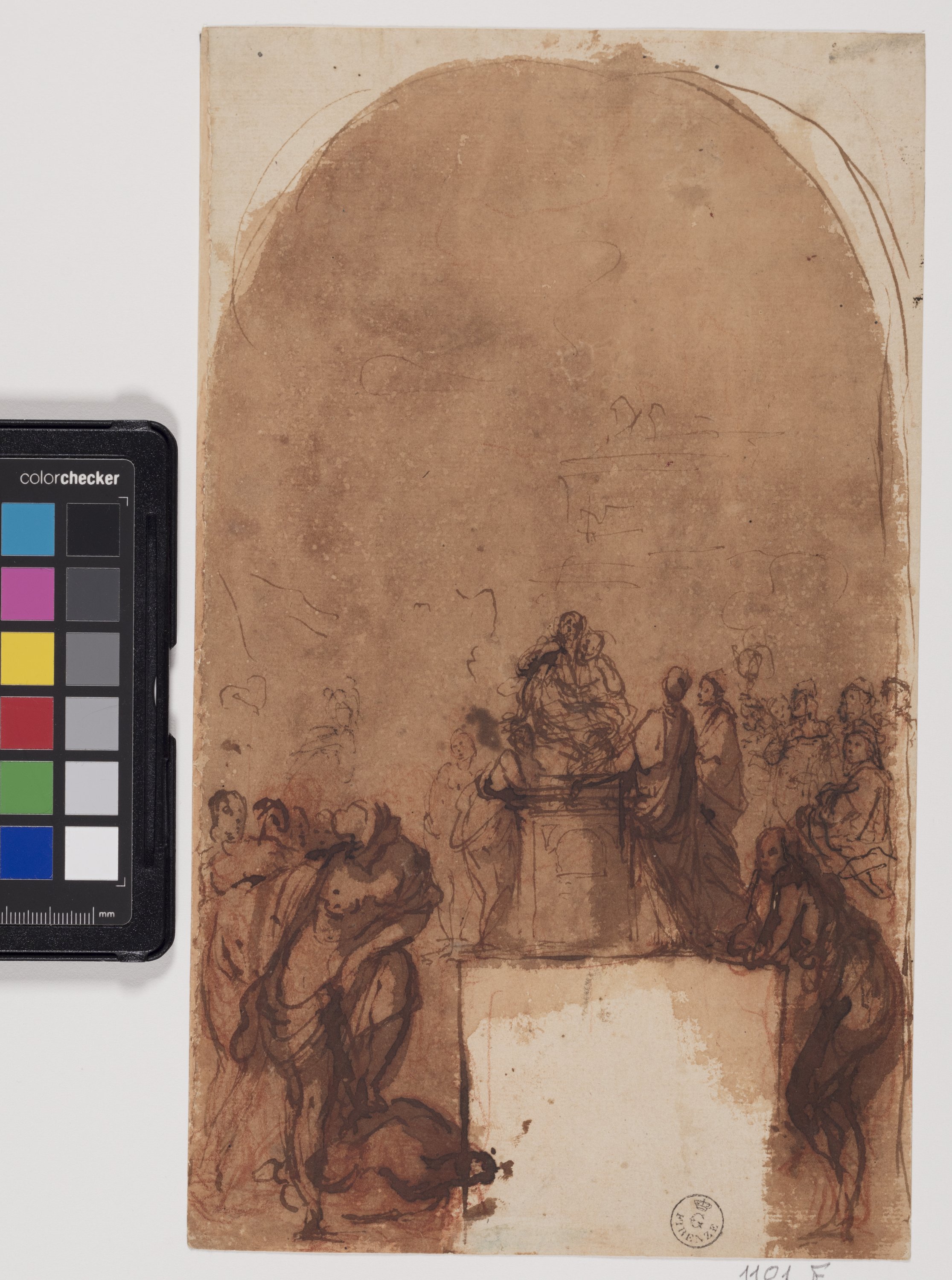 Lorenzo il Magnifico presso la statua di Platone fra poeti e filosofi dell'Accademia platonica di Careggi (disegno) di Furini Francesco (XVII)