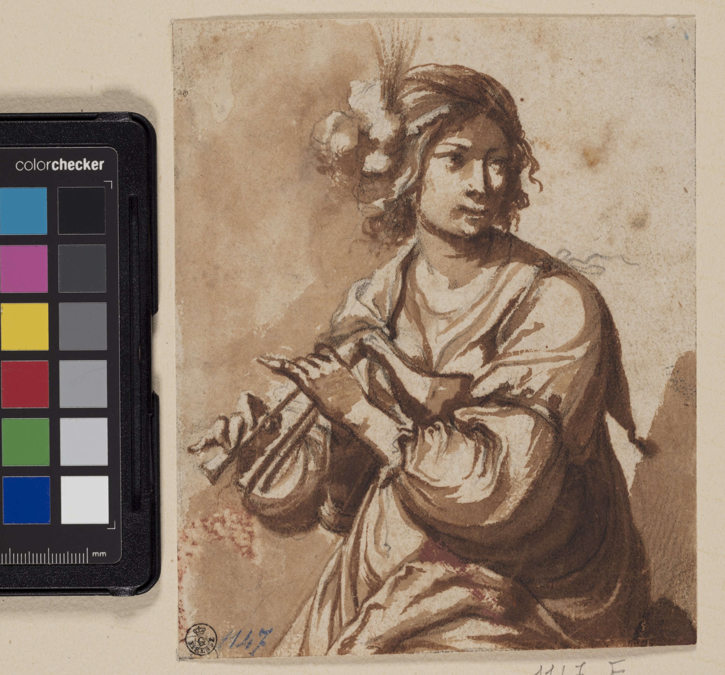 Giovane donna che suona il flauto (disegno) di Furini Francesco (XVII)