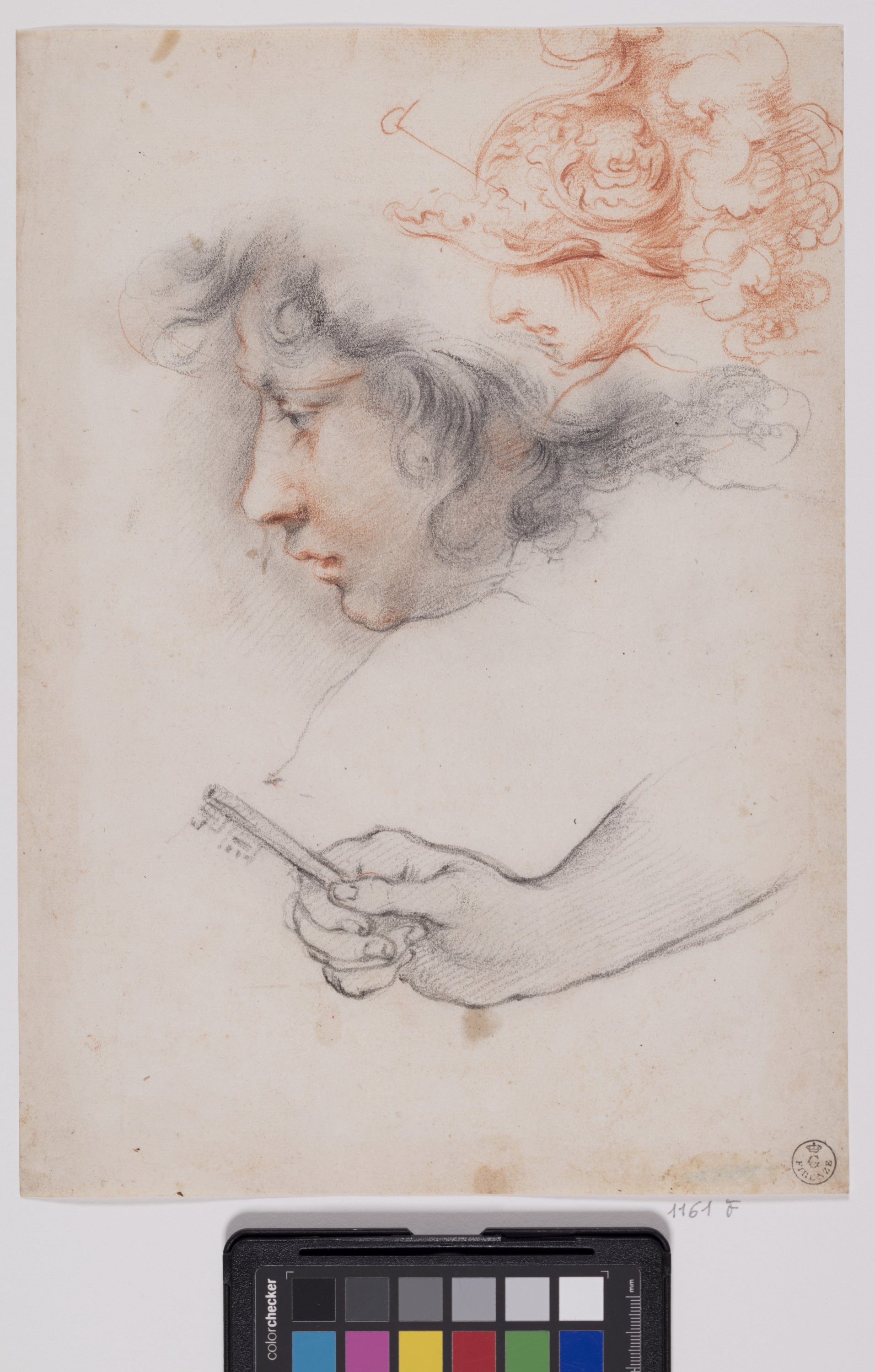 Profilo di giovane; profilo di giovane con elmo piumato; studio di mano con chiave (disegno) di Furini Francesco (XVII)