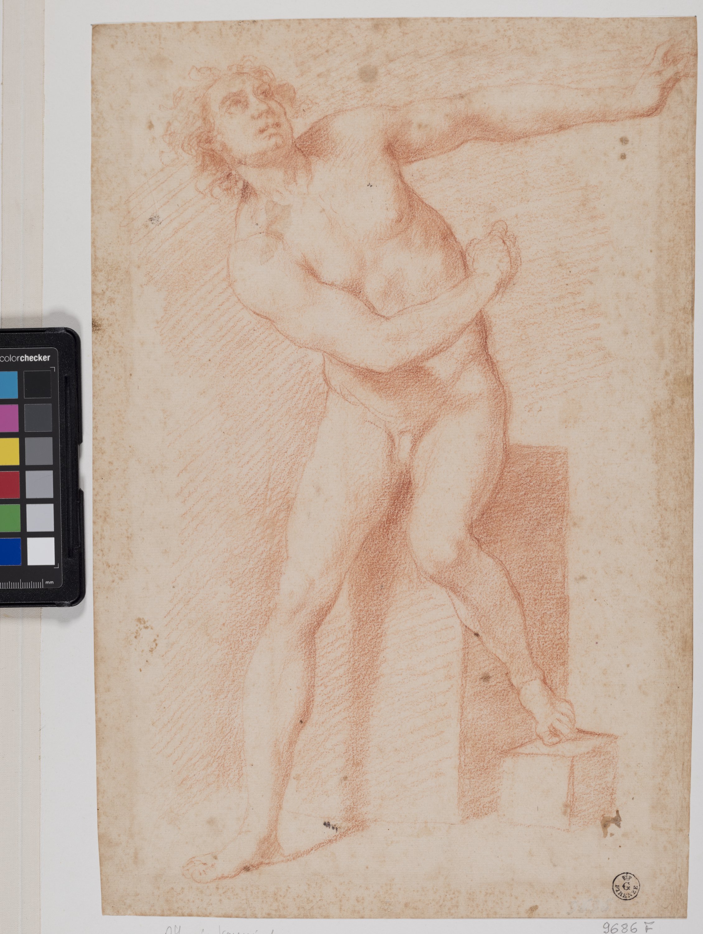Figura maschile nuda in piedi (r.), Figura maschile nuda sdraiata (v.) (disegno) di Furini Francesco (XVII)