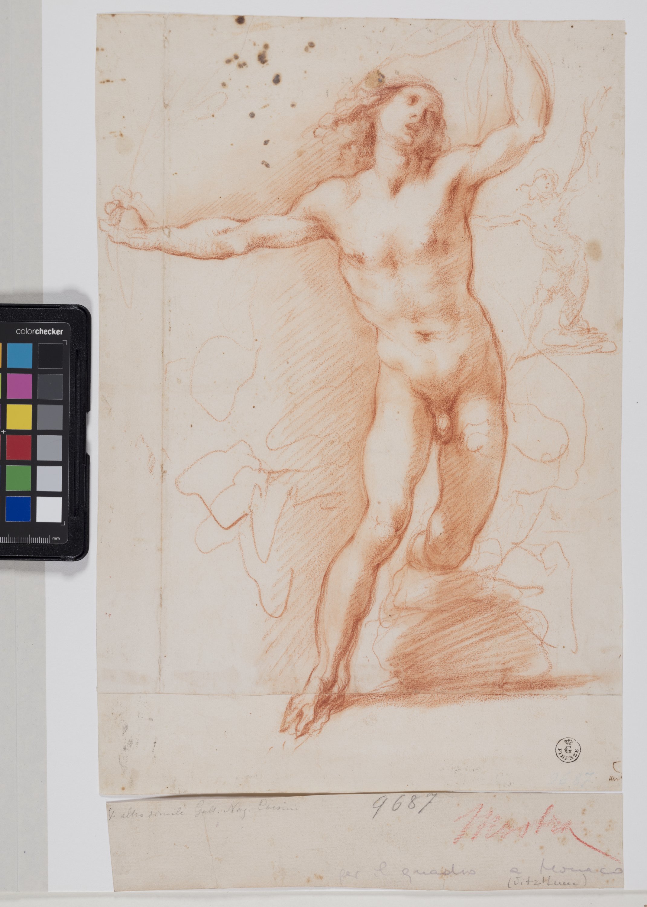 Figura maschile nuda in piedi con le braccia sollevate; schizzo della stessa figura (disegno) di Furini Francesco (XVII)