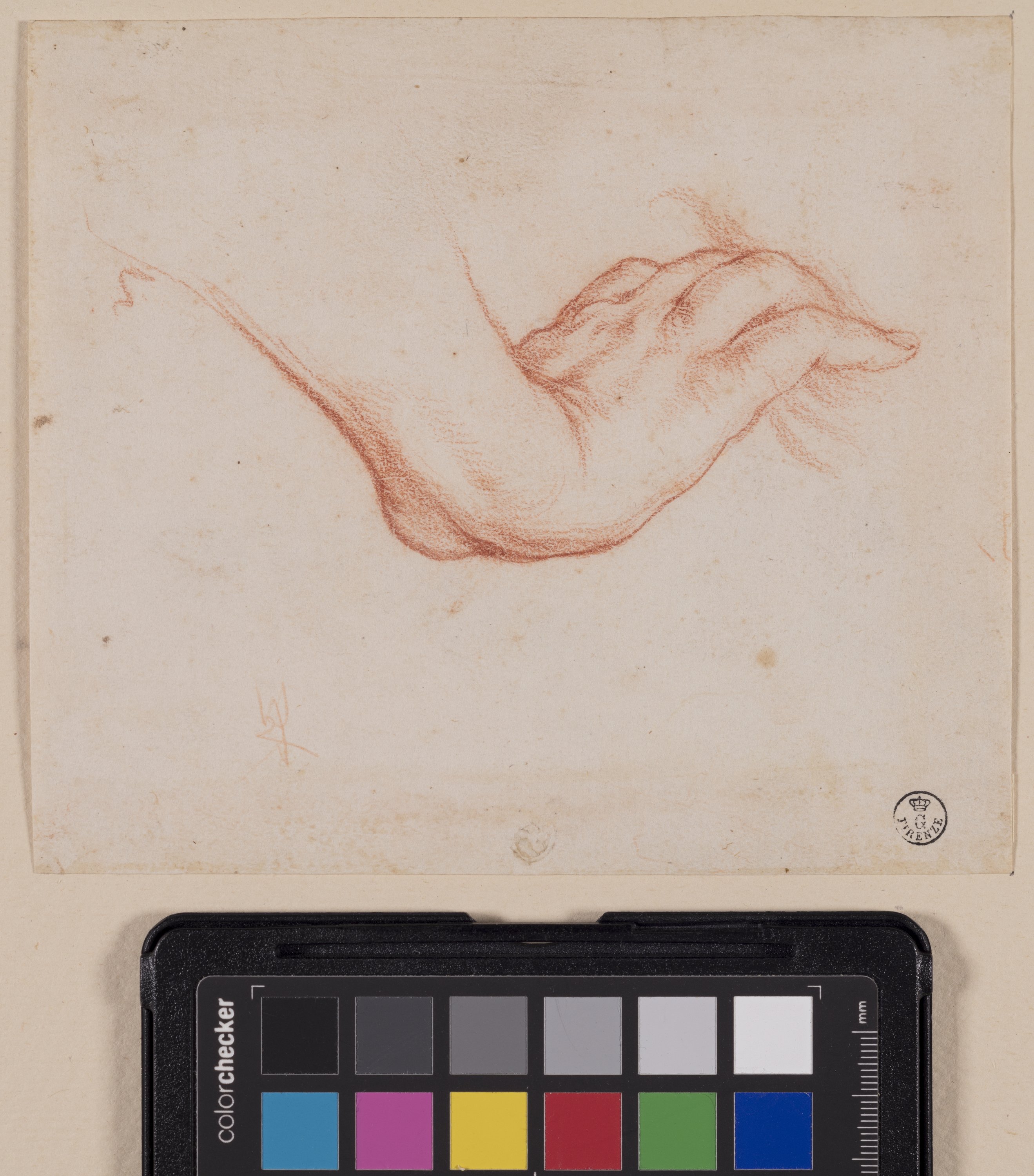 Studio di mano destra (r.), Schizzo indecifrabile (v.) (disegno) di Furini Francesco (XVII)