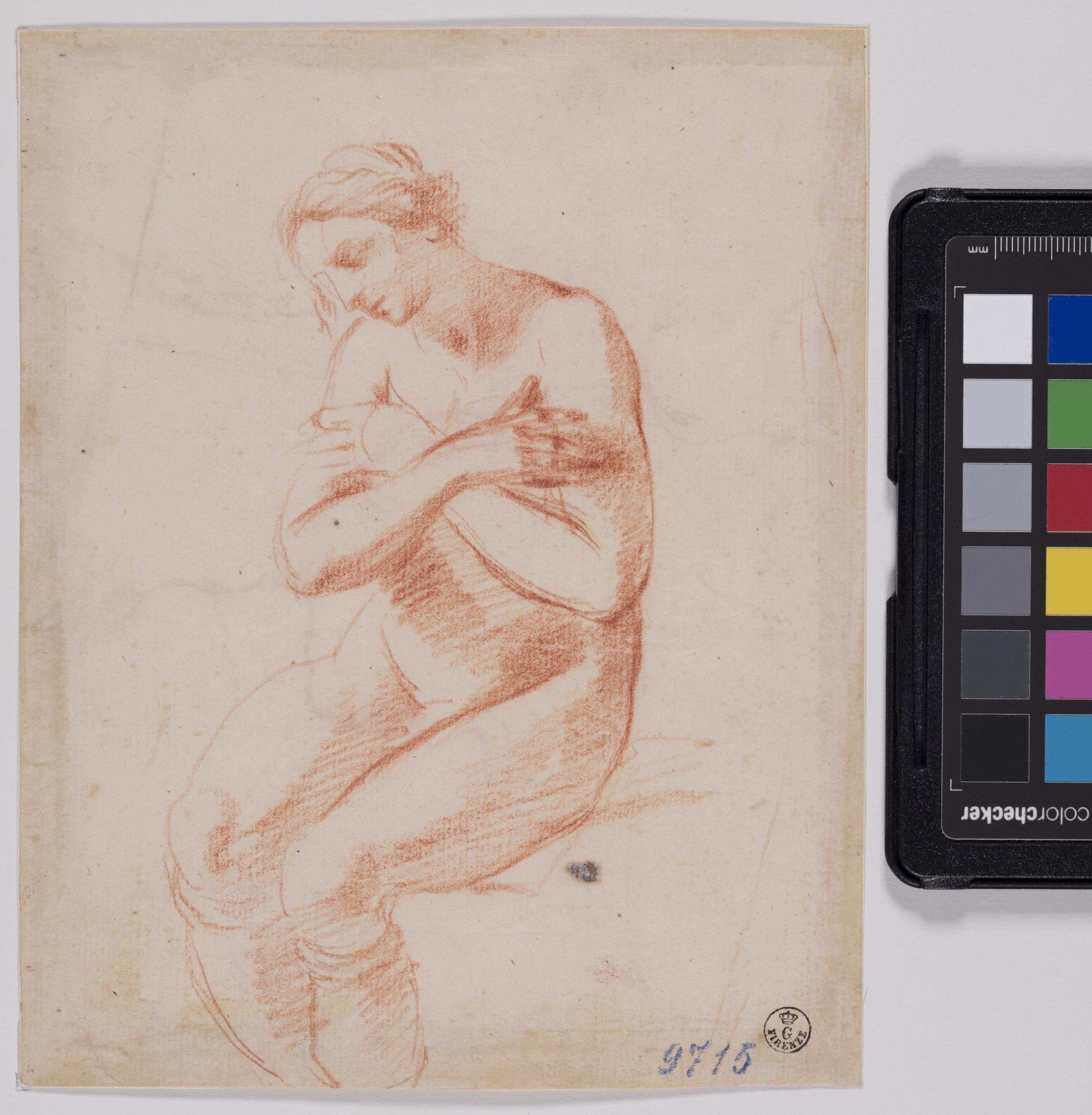 Figura femminile nuda seduta (r.), Profilo maschile (v.) (disegno) di Furini Francesco - ambito fiorentino (prima metà XVII, XVII)