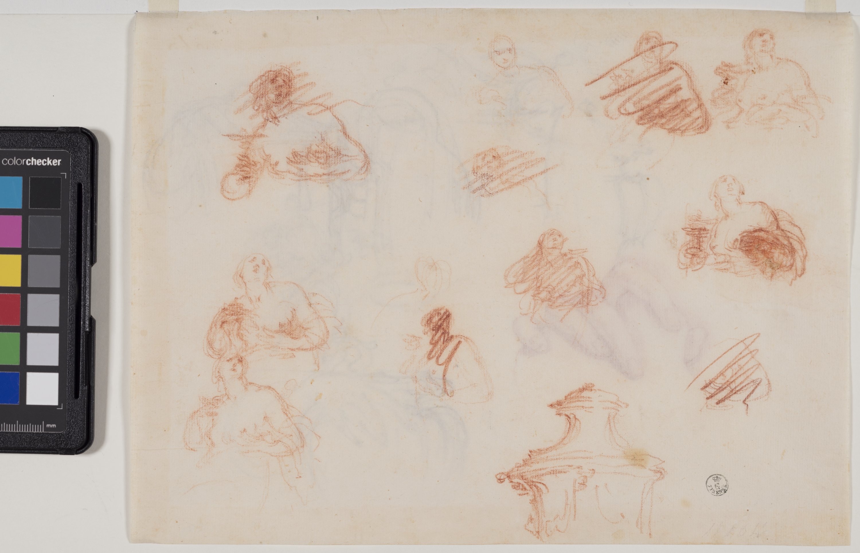 Studi di nudi femminili a mezza figura; studio parziale di vaso (r.), Studi di mano femminile appoggiata su un vaso (v.) (disegno) di Furini Francesco (XVII)