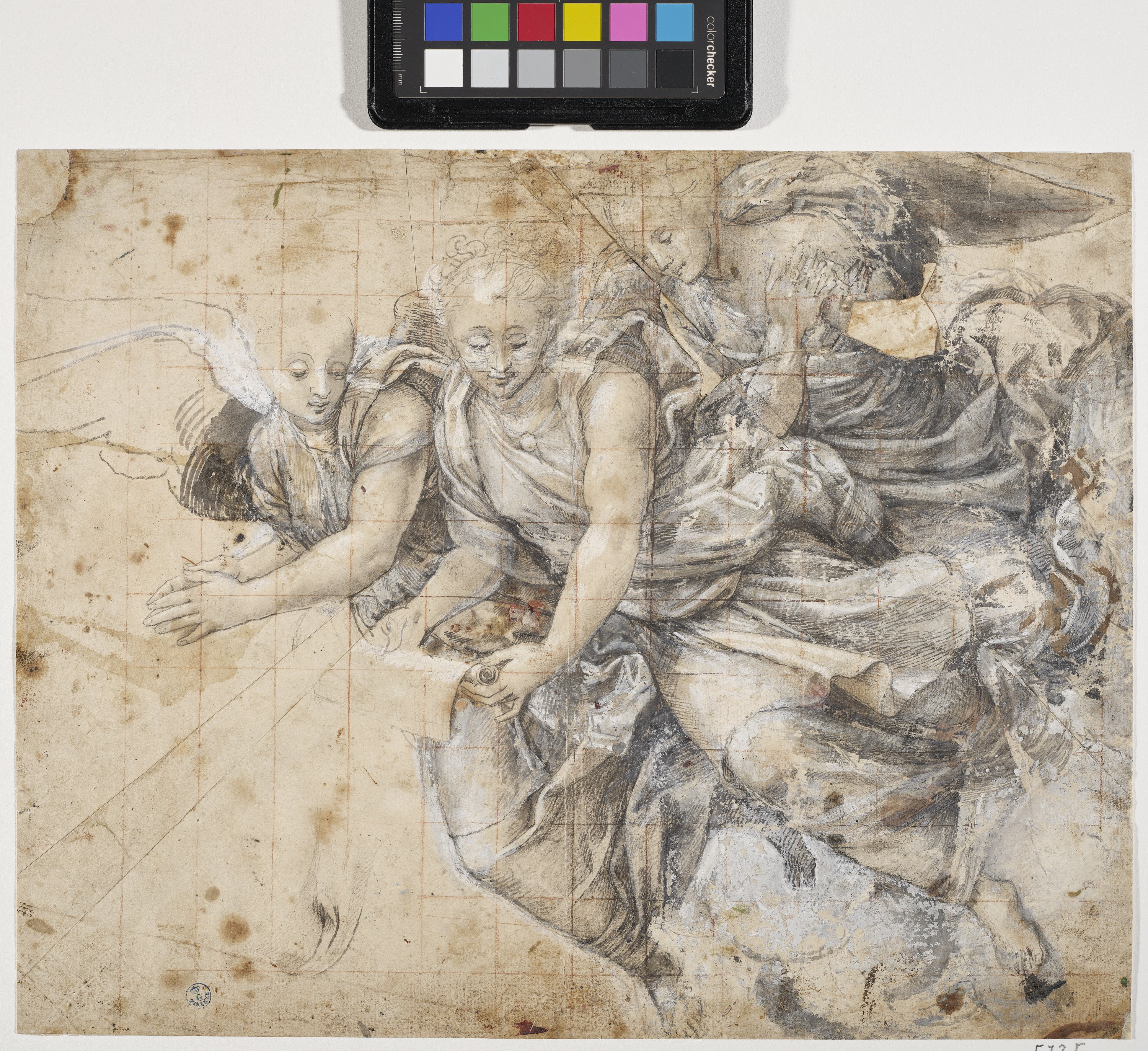 Gruppo di tre angeli in volo (r.), Angeli in volo (v.) (disegno) di Gatti Bernardino detto Soiaro (XVI)