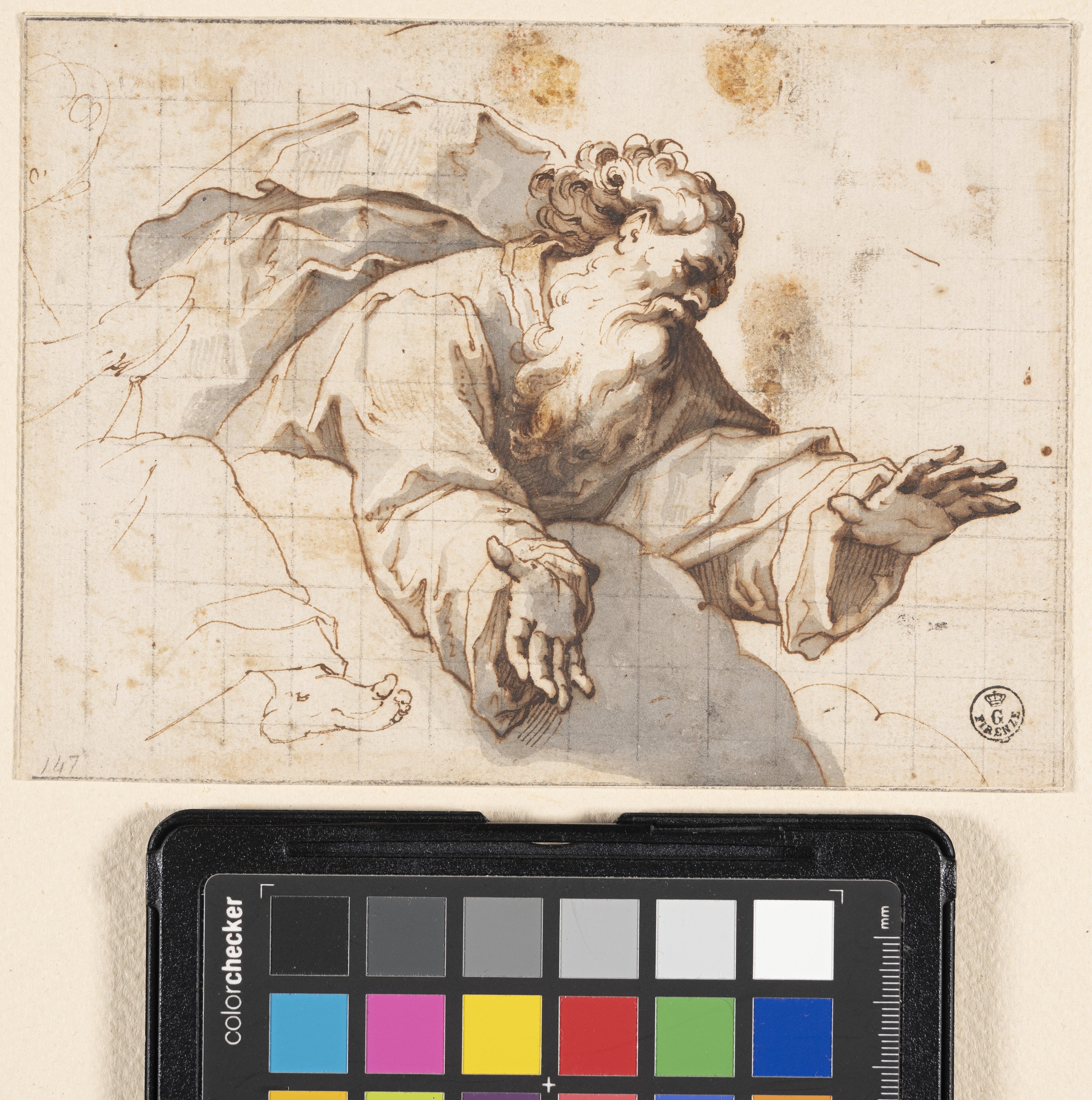 Dio Padre sulle nuvole; schizzo parziale di figura (disegno) di Trotti Giovan Battista detto Malosso (XVI)